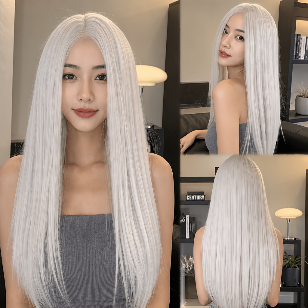 TEMU A Wig Suitable For All Adults, , White Split Long Straight Wig, Easy To Style, Increases Hair Volume, Holiday Costume Role-playing, , Universal
