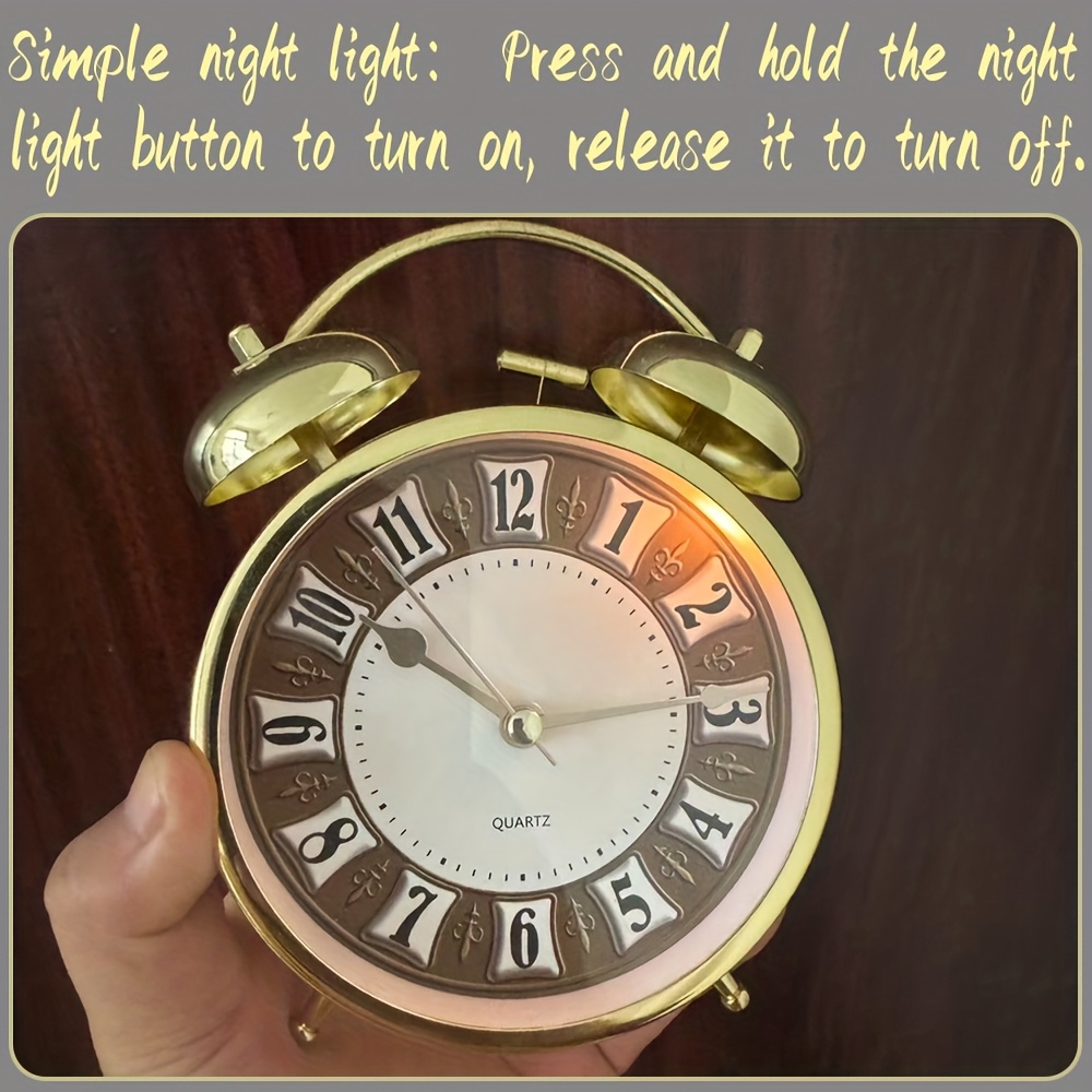 5.9-Inch Metal Retro Luxury Style Bedroom Alarm Clock, Silent Running Time, Mechanical Double Bell Design, Equipped with a Night Light, Can Be Placed in The Living Room, Office Or Dormitory to Add Some Color to The Space, (Batteries Not Included)
