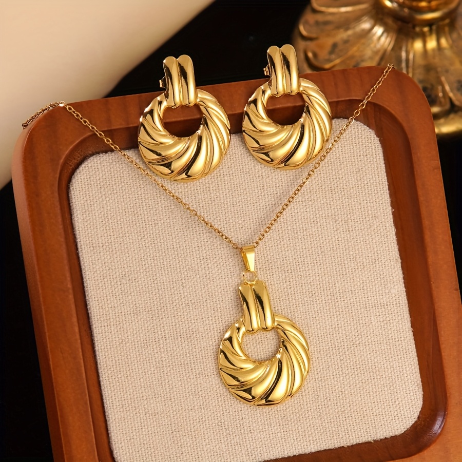 TEMU Exquisite And Stylish Stainless Steel Set With Woven Ring Design, Women's Casual Attire Formal Occasions