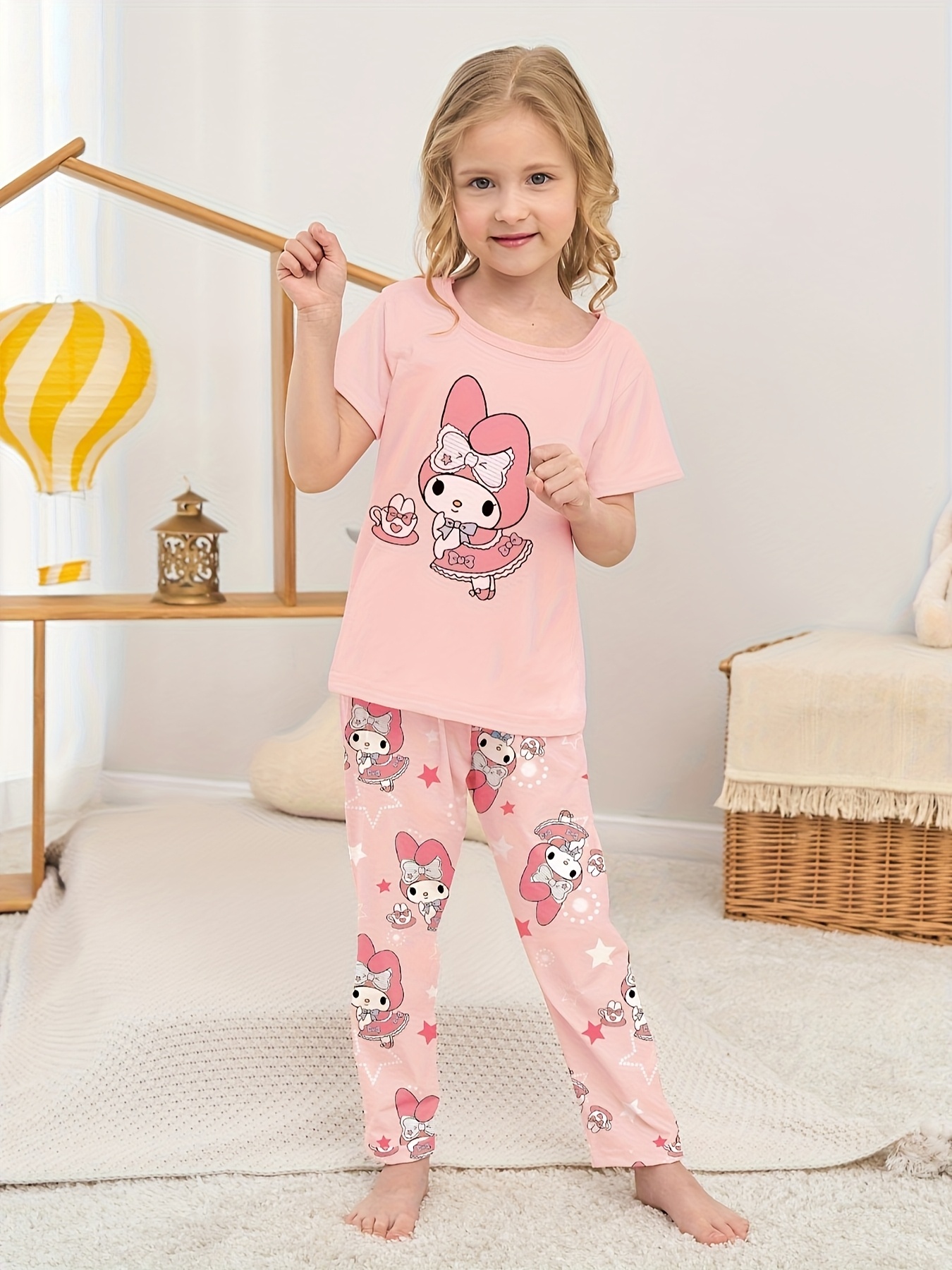 For for Summer Girls' Pajama Set Cute Pink Round Neck, Short  Sleeve, Flame-Resistant Loungewear with Patterned Pants for Comfortable 