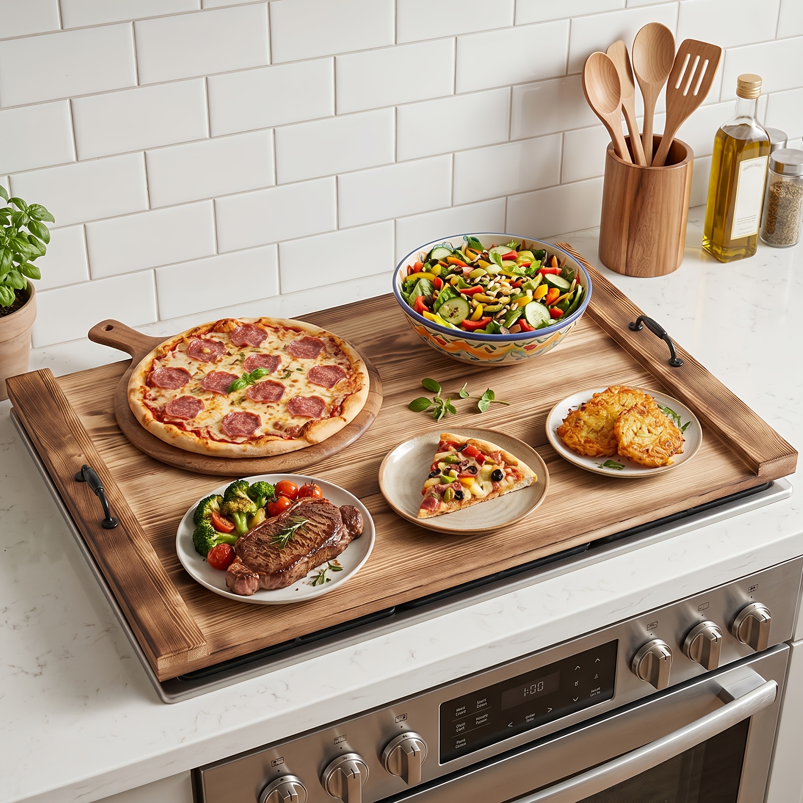 Large Pine Wood Stove Top Cover & Countertop Protector - Suitable For Gas Stoves, Compatible For Gas Burners, Kitchen Cover Board For Gas Range, Pine Construction For Gas Cooktops And Dining Areas