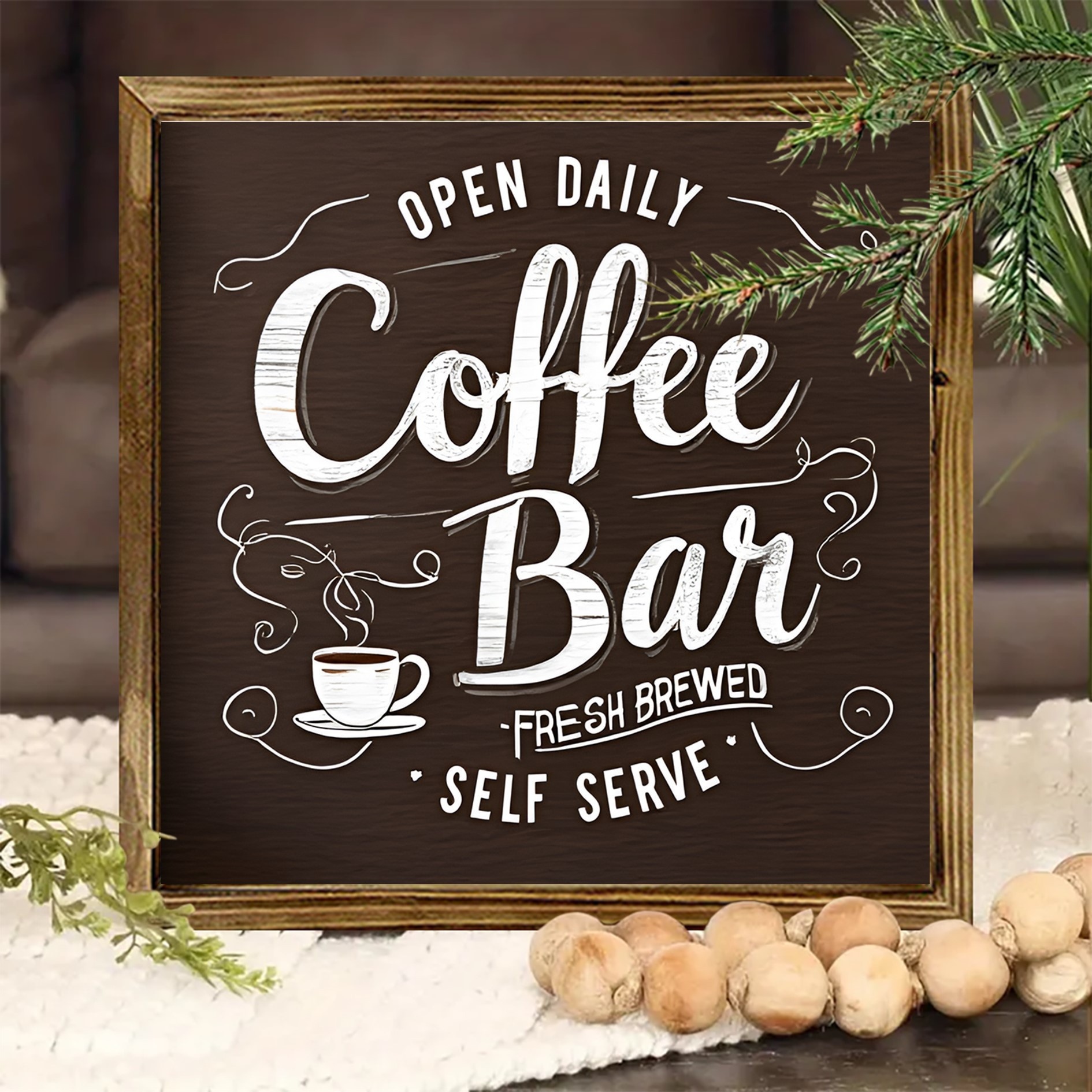 TEMU 1pc Coffee Bar Wooden Frame Wall Hanging - " Daily" Creative Decor - Perfect For Home, Kitchen, Living Room, And Office - 8x8 Inches, Rustic Style, Coffee Bar Decor, Coffee Bar Ornament