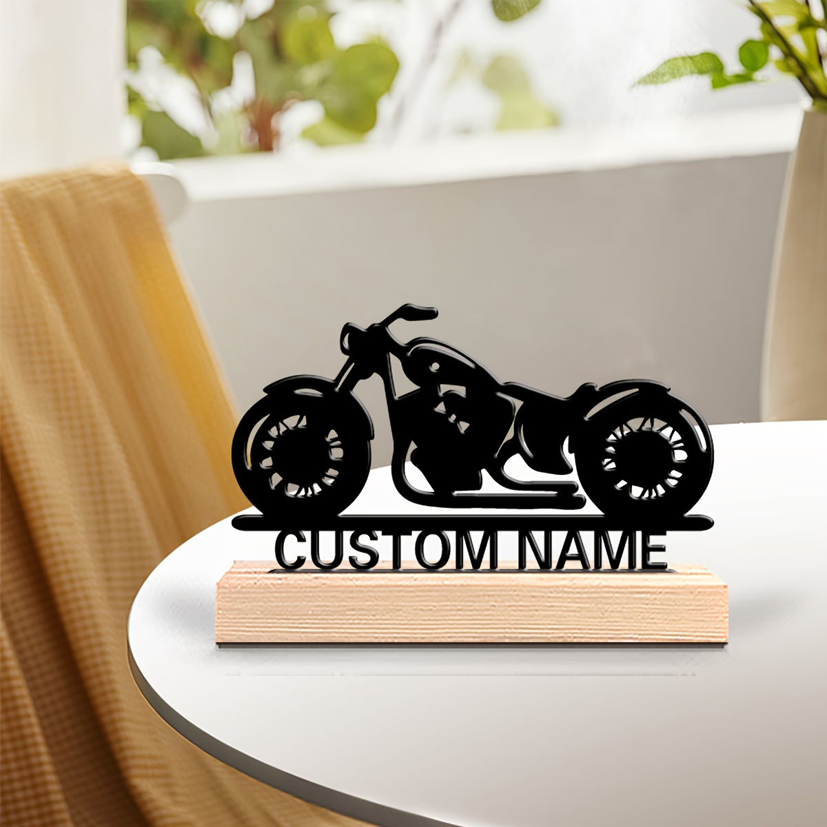TEMU 1 Pièce Statue de Moto en Métal Personnalisée avec Nom - Sculpture Motos en Fer Noir sur Base Bois Solide, Décoration Bureau/Maison, Cadeau pour