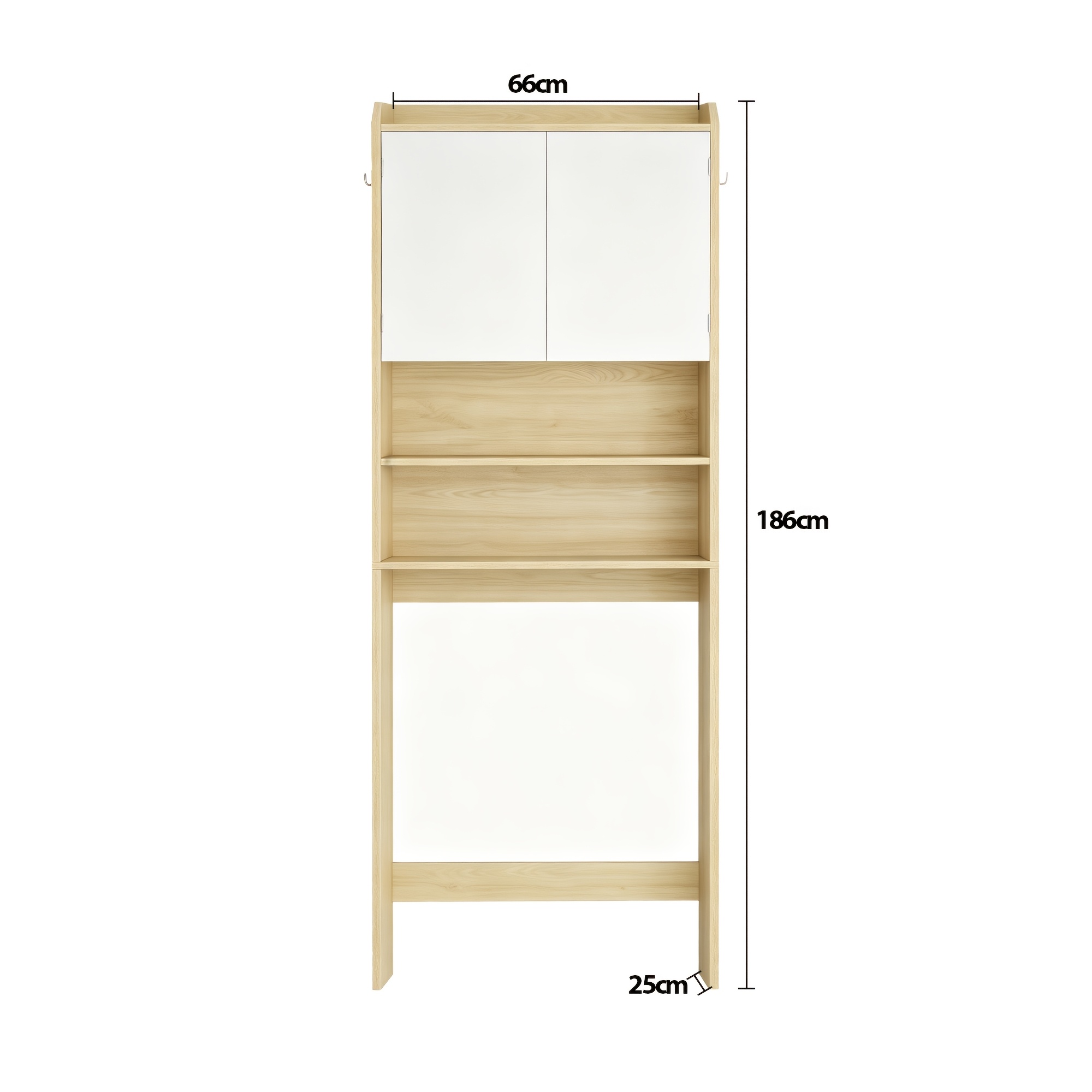 Image of Minimalist, Soothing Bathroom Storage Cabinet, Freestanding Shelf Above Washing Machine And Toilet, With Adjustable Shelves And . Made Of Natural Wood With , Luxurious End, Measuring 25 X 186 Cm