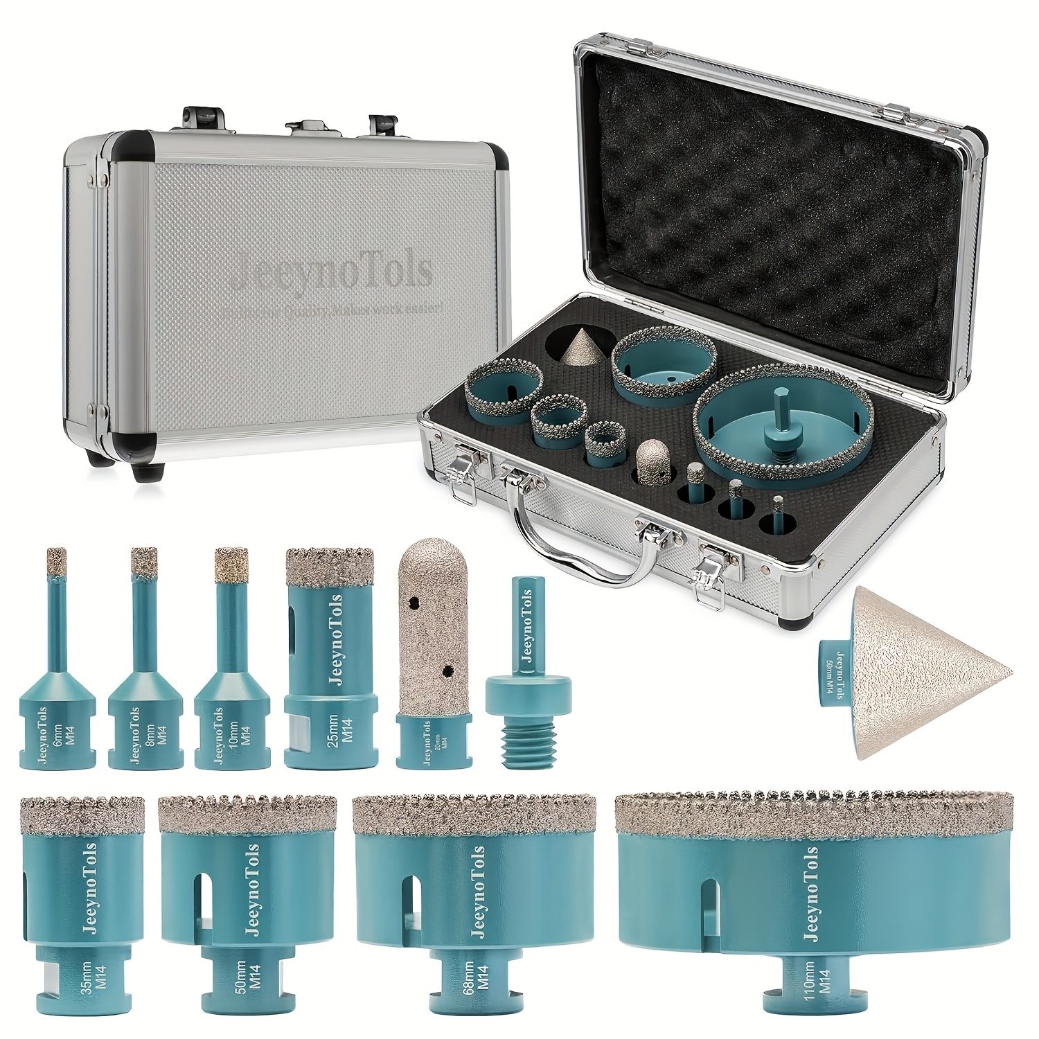 TEMU 11pcs Serrated Brazing Core Drill Bits Set (6/8/10/25/35/50/68/110mm Drill Bit + 20mm Finger Milling Bit + 50mm Beveling Chamfer Bit + Adapter)