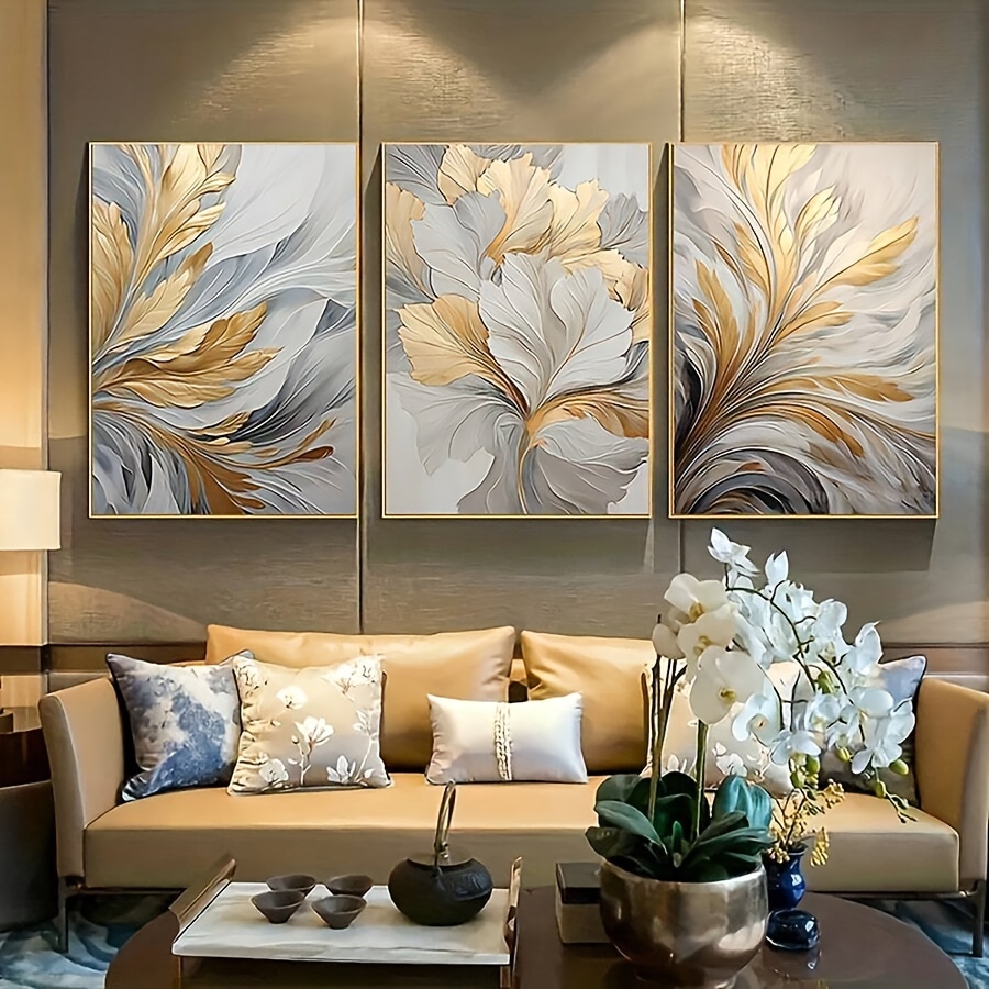 

3pcs/set With Frame Luxury Canvas Print Posters, Golden And White Leaves Canvas Wall Art Paintings Modern Canvas Painting, Canvas Wall Art, Kitchen, Living Room30x40cm (11.81x15.75in) Framed