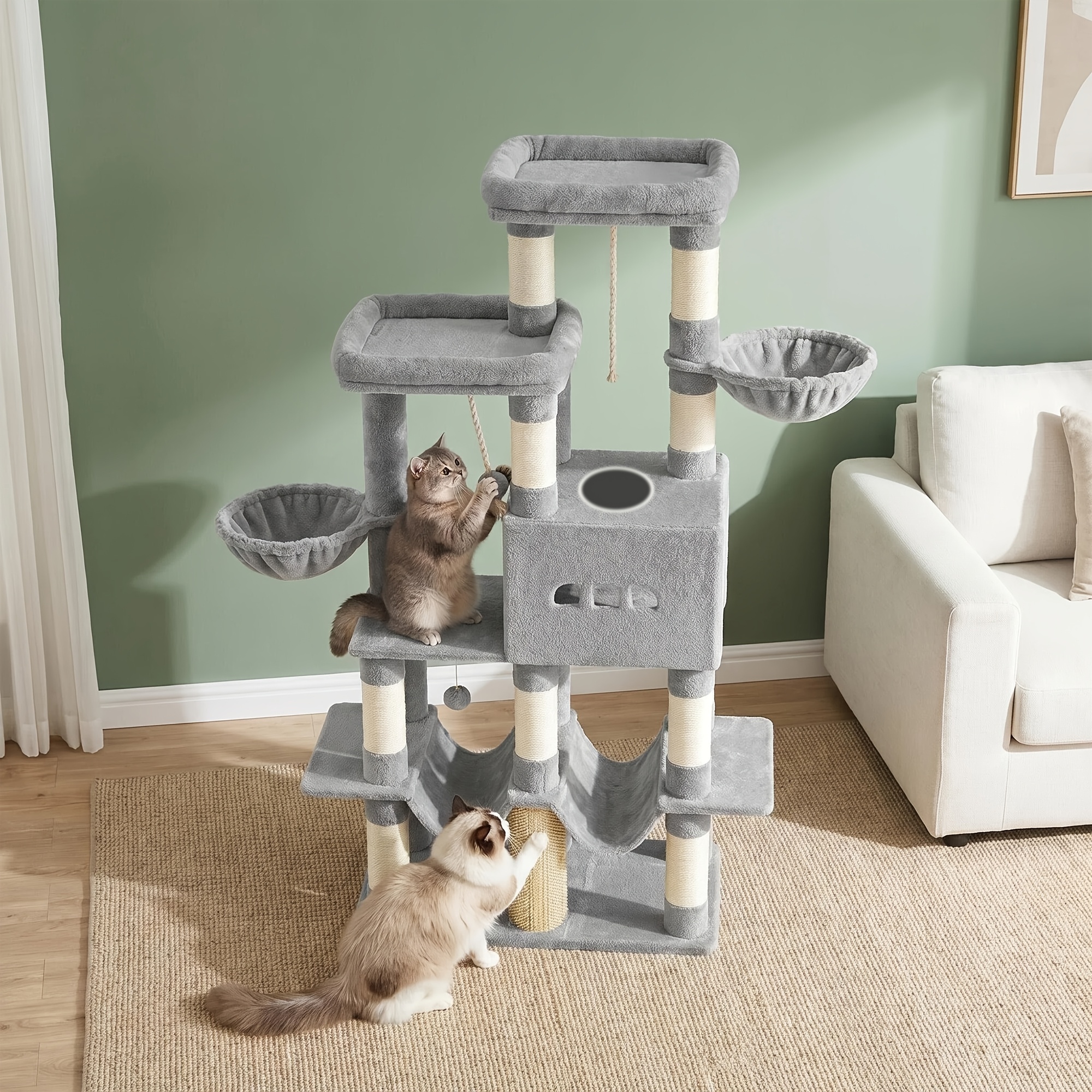 Image of Light Luxury All-match Cat Tree 174cm Height-increasing 6-level Climbing Rack Double Widened Observation Deck Basket Design Reinforced Stable Maine Coon Large Cat Playground Mansion