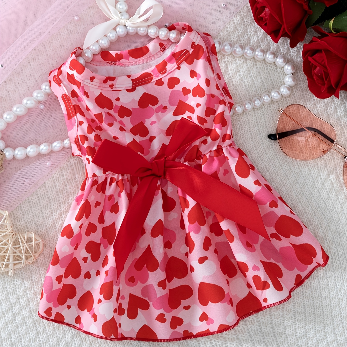 

Valentine's Day Pattern Dog Dress With Bow, Cute Pullover Pet Apparel For Small & Mini Breeds, Woven Polyester 95% Spandex 5%, Suitable For Spring, Summer, Fall, Series, Skirt