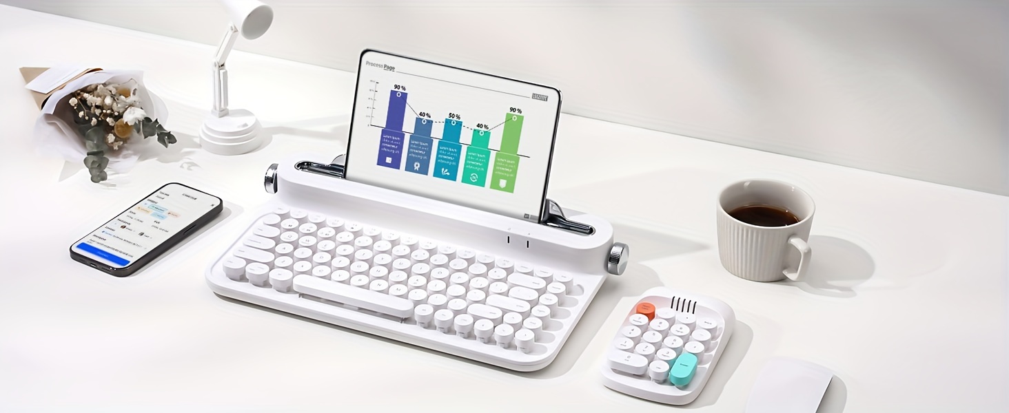  white wireless bt typewriter retro aesthetic keyboard with integrated stand for multi device details 4