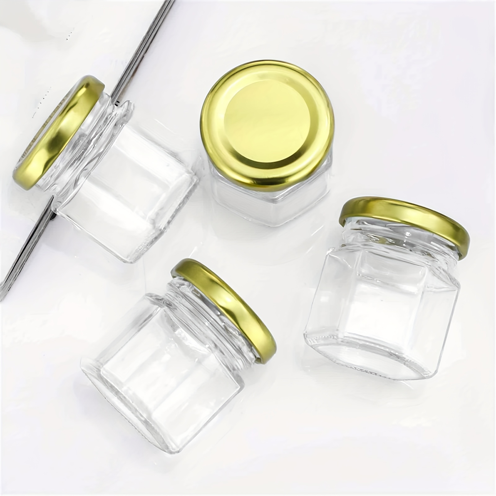 TEMU Set Of 96 Small Hexagonal Glass Jars With Golden Lids, Bronze Bee Charms, Honeybee Pendants, Honey Sticks, Jute Tag Strings, Wedding Favors Or