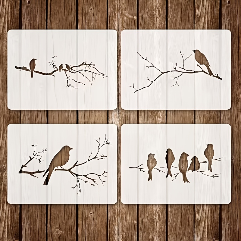TEMU 4pcs Pochoirs Réutilisables A4 de Branches & Oiseaux - Comprend 4 Différentes Poses d'Oiseaux, Idéal pour Tissu, Meubles, Peinture Murale et de