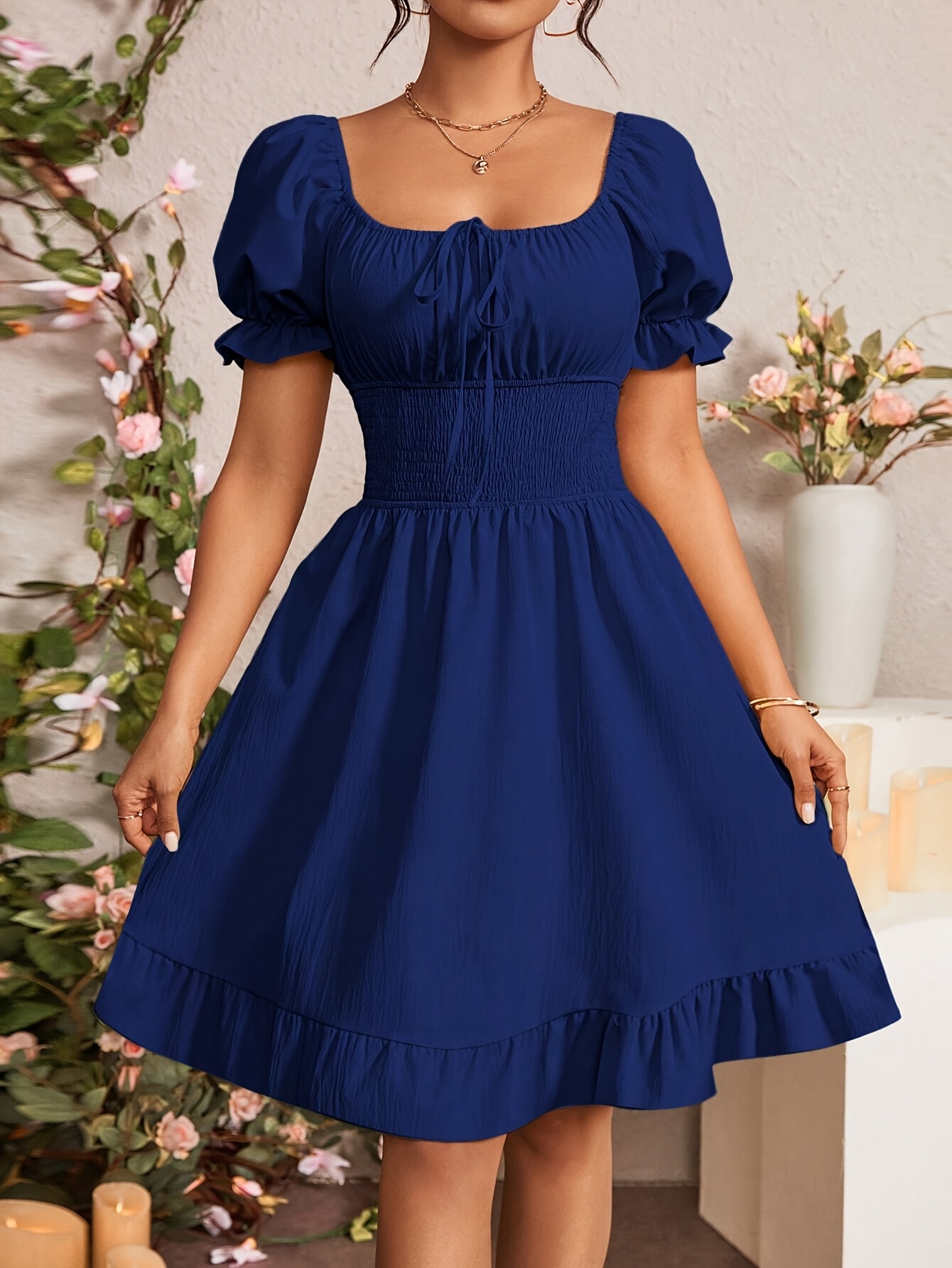 Women'S Elegant Navy Blue Off-Shoulder Dress with Hem Spring/Summer,  Casual to Formal Events, Casual Event Dress Hem Dress Elegant