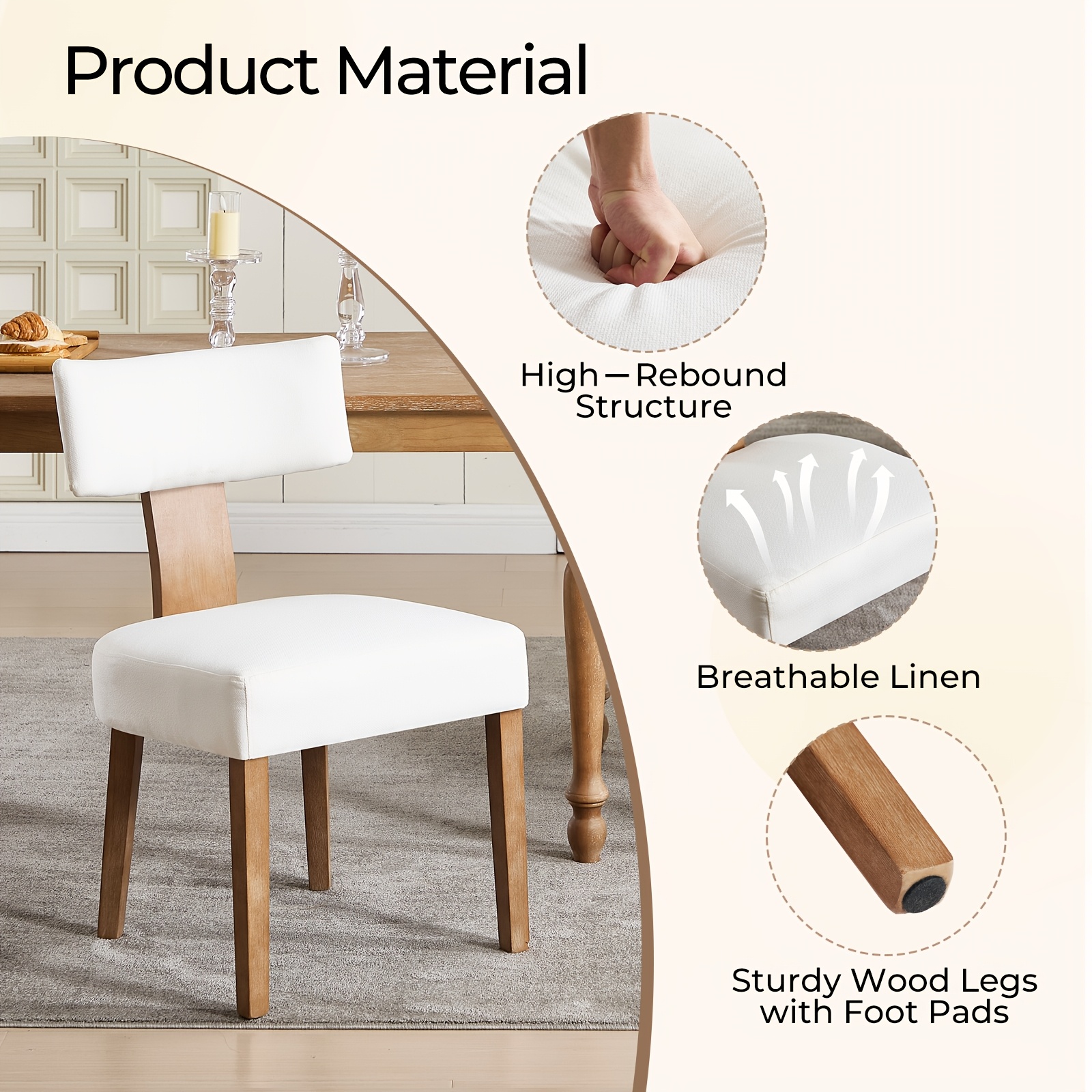 DMKAI Set Of 2 Farmhouse Rustic Dining Chairs - White Upholstered Low-Back Backrest, Natural Wood Frame with Hand-Carved Accents, Sturdy Tapered Legs for Dining Room & Kitchen
