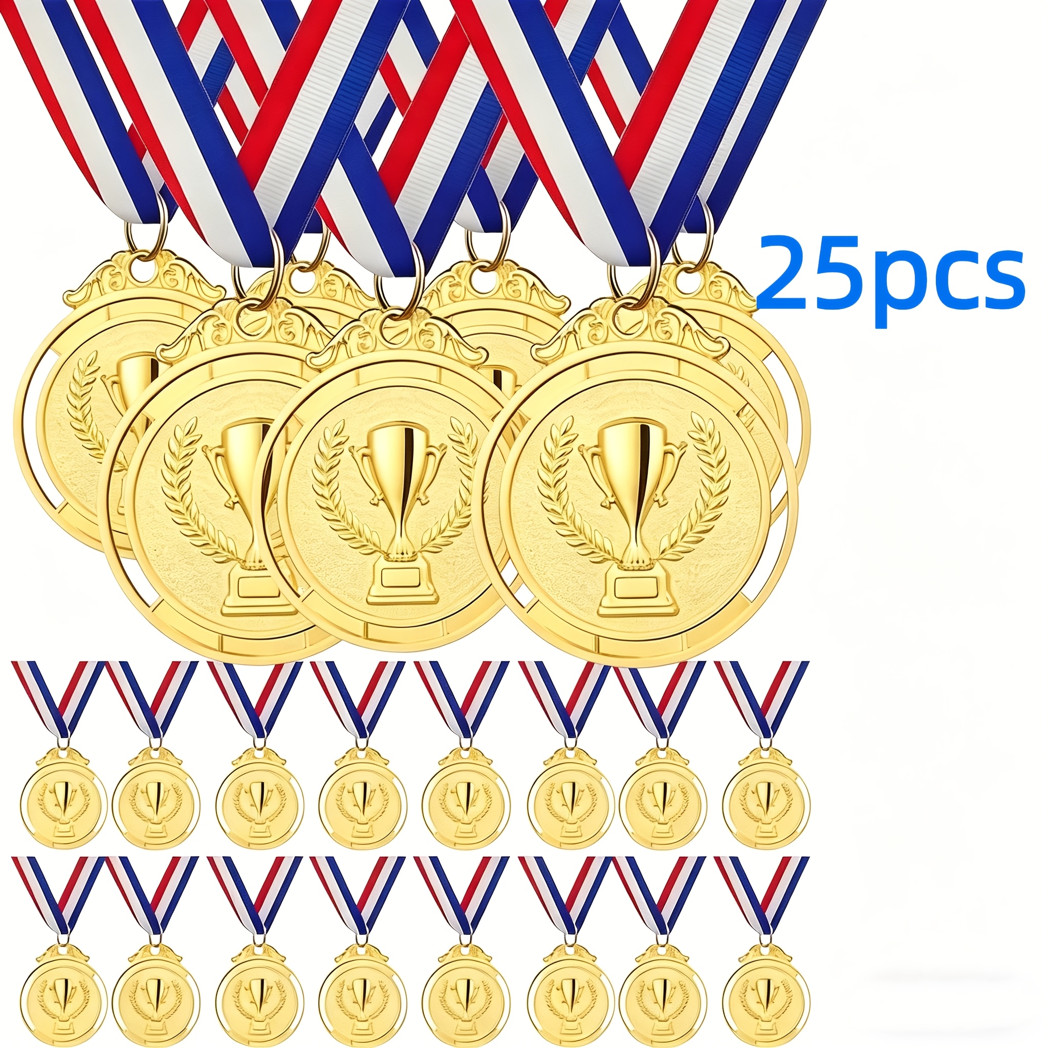 TEMU 12/20/25/40pcs Of Golden-colored Alloy Medals With Blue Ribbons - For Sports, Events, Props, Rewards, Party Gifts, And Decorations, Engraved,