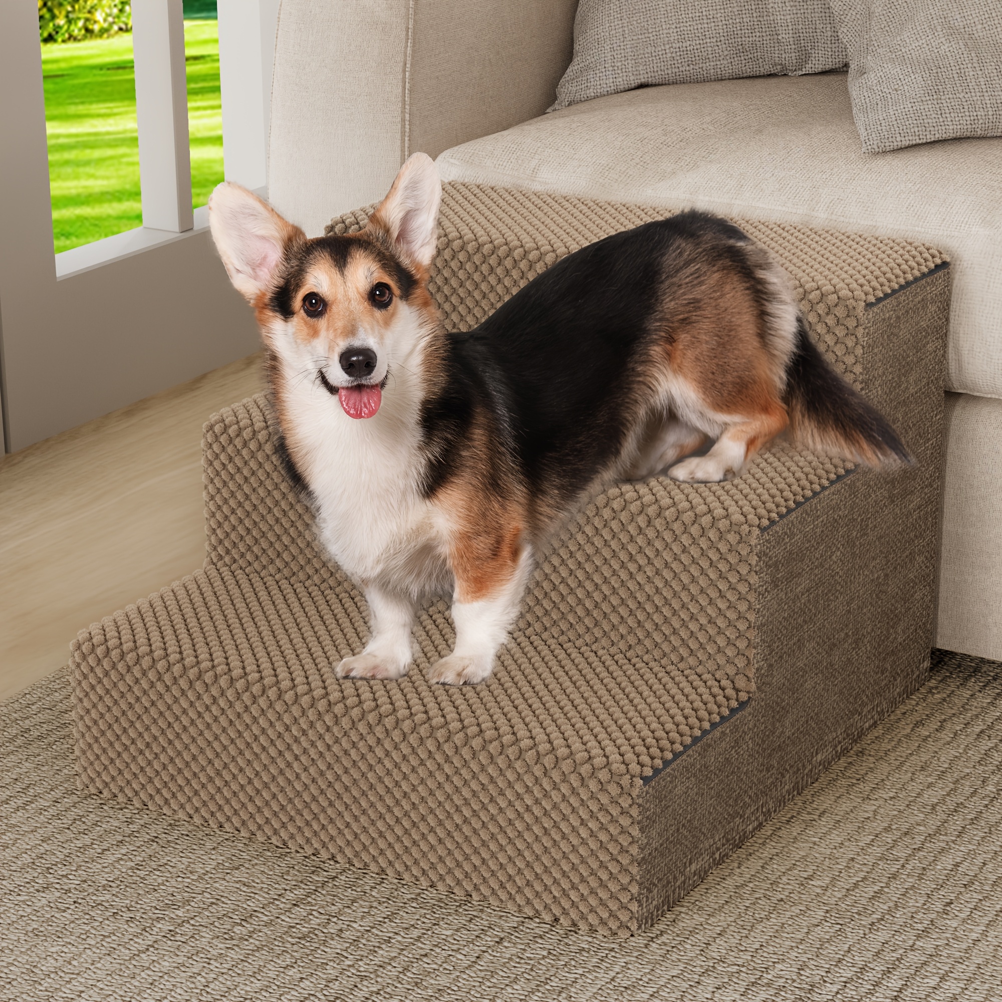 TEMU Outdoorvibe Dog Stairs For High Bed And Couch, Premium Foam Dog Steps For Small Dogs, Older Pets, Non- Slip Pet Stairs With High- Strength Boards, Removable Washable Cover, 3 Tiers Brown