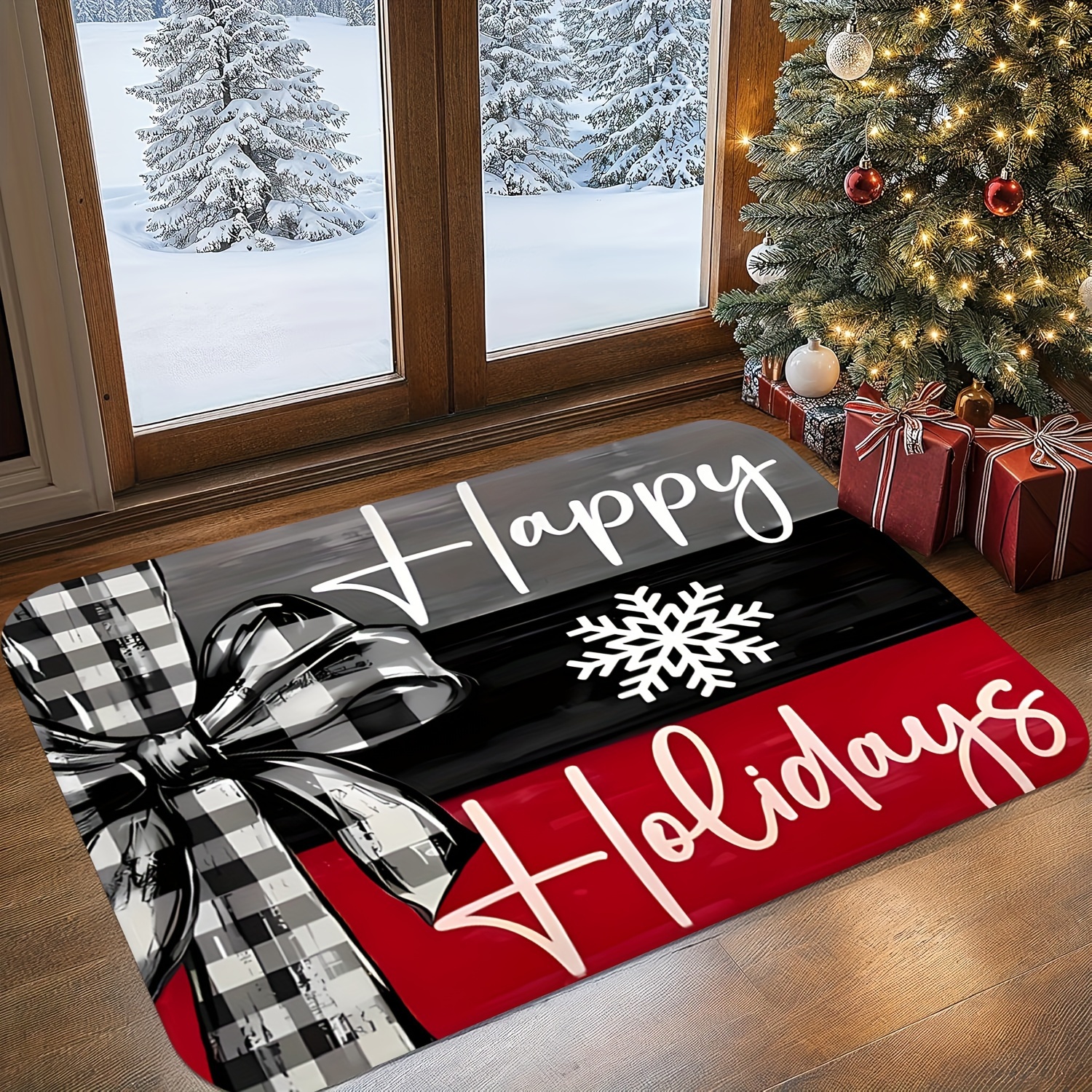 

Christmas Holiday Doormat With Vintage - Polyester Flannel Non-slip Absorbent Memory Foam Mat, Stain Resistant, Machine Washable For Bathroom, Living Room, Bedroom, Office - Decoration