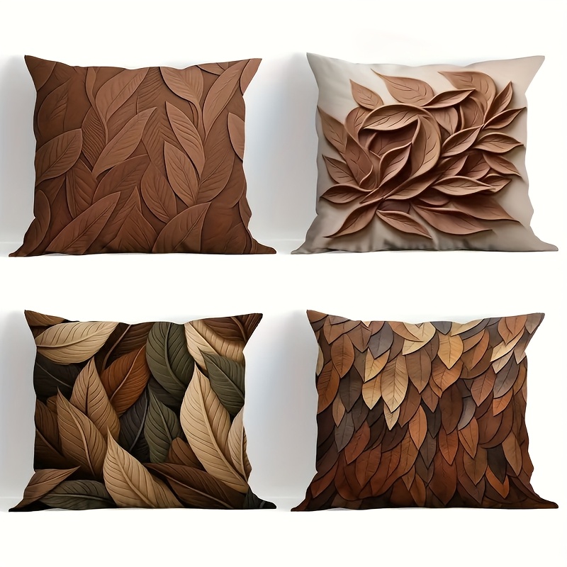 

4-pack Modern Embossed Leaf Design Pillow Covers, 100% Polyester, Machine Washable, Zipper Closure, Decorative Cushion Cases For Home, Bedroom, Living Room, Office, Farmhouse, Hotel Decor - Brown