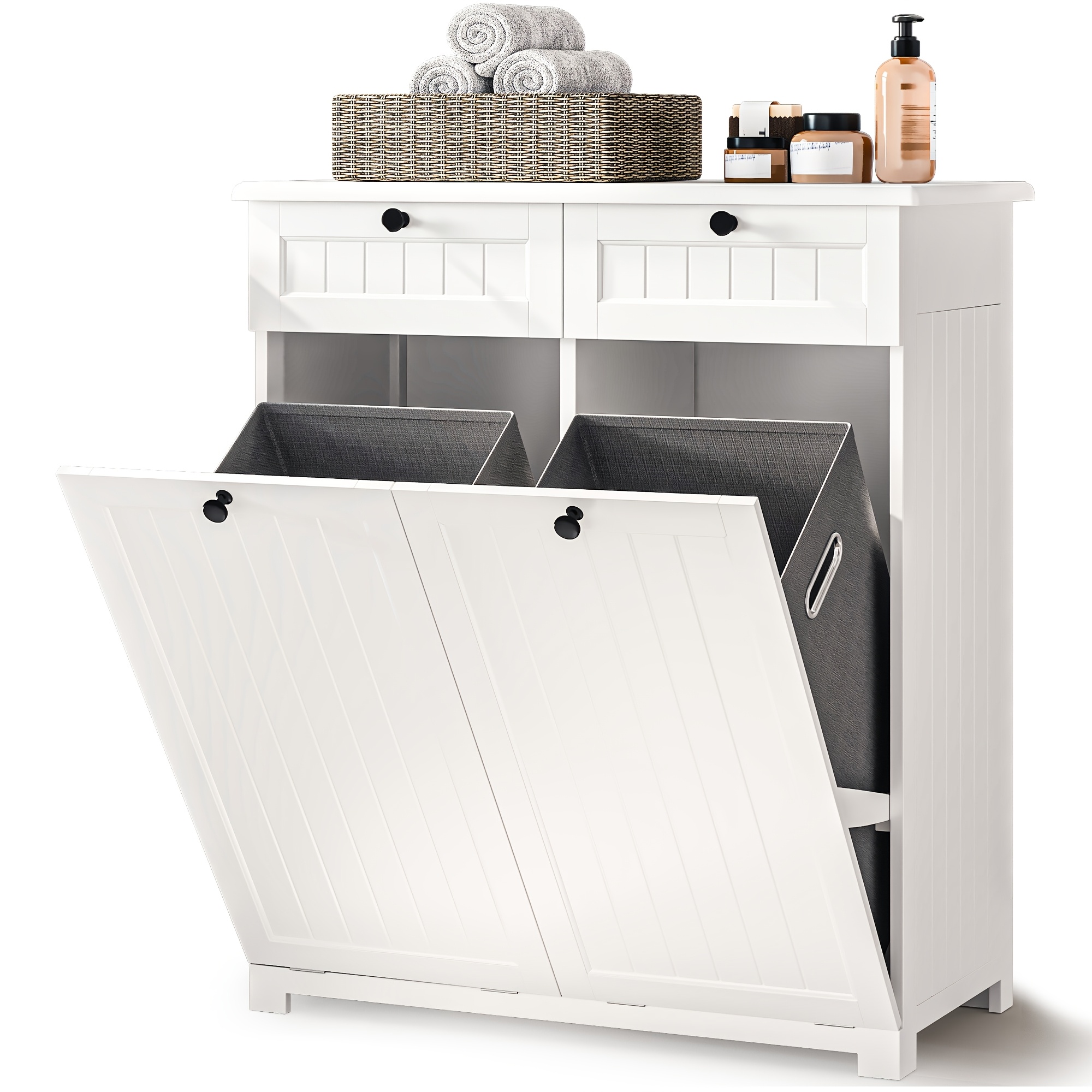 Image of Double Laundry Hamper Cabinet With Drawers, Freestanding Bathroom Storage Organizer With Removable Fabric Baskets, Anti-tip And Water Repellent, White, 78x38x90cm