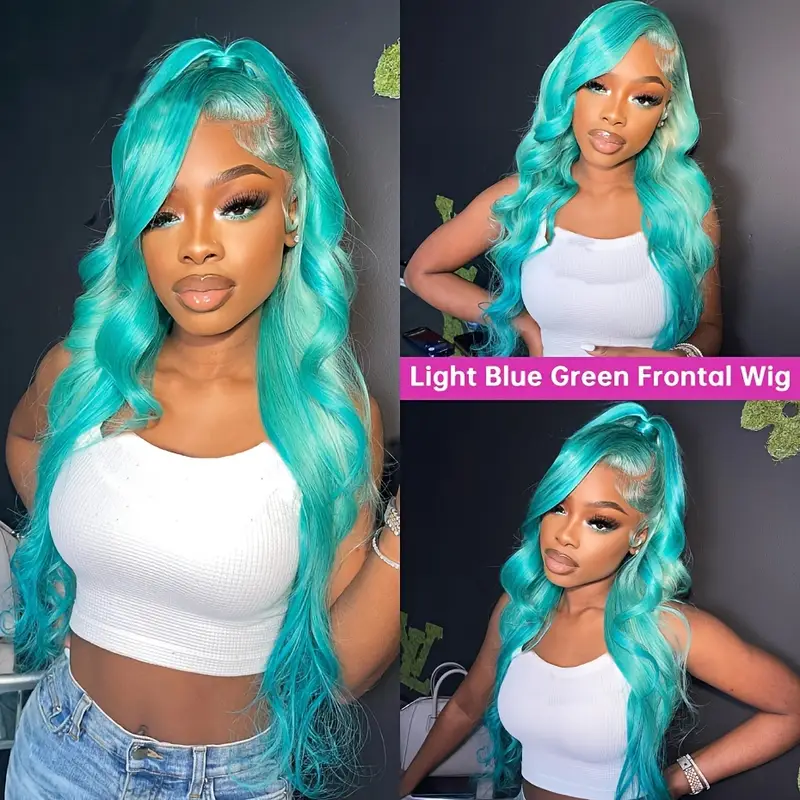 light blue green long body wave lace front wig 13x4 glueless heat resistant synthetic hair for for halloween parties details 0