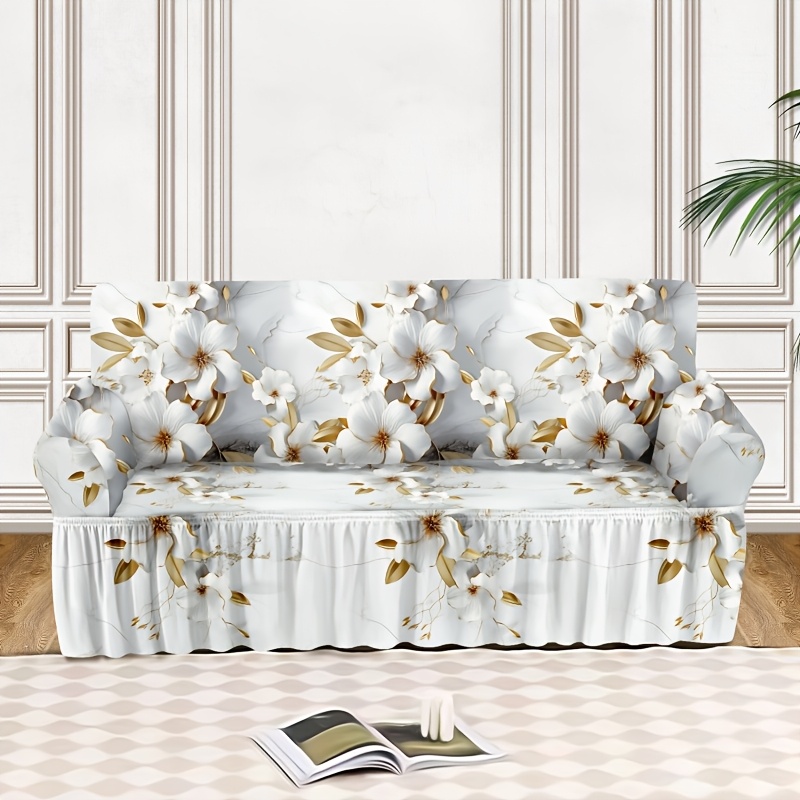 

Luxurious 3d Floral Stretch Sofa Cover With Ruffle Trim - Non-slip, Dustproof, Fit For Single To 4 Seater Couches - Machine Washable, Couch Covers For Sofa