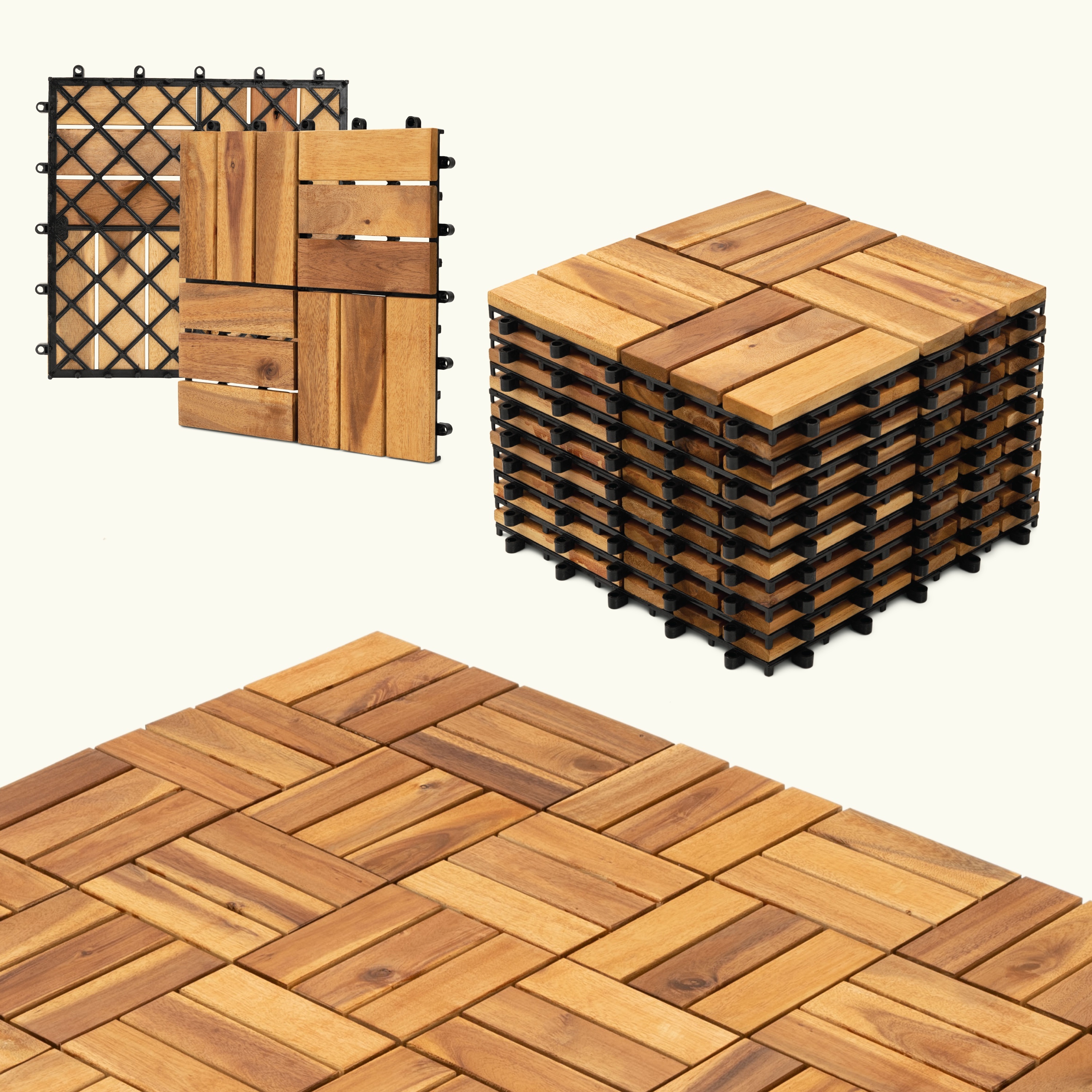 TEMU 54pcs Interlocking Deck Tiles - 11.8"x11.8" Interlocking Natural Solid Acacia Wood For Outdoor & Indoor, Patio Garden, Balcony, Poolside -