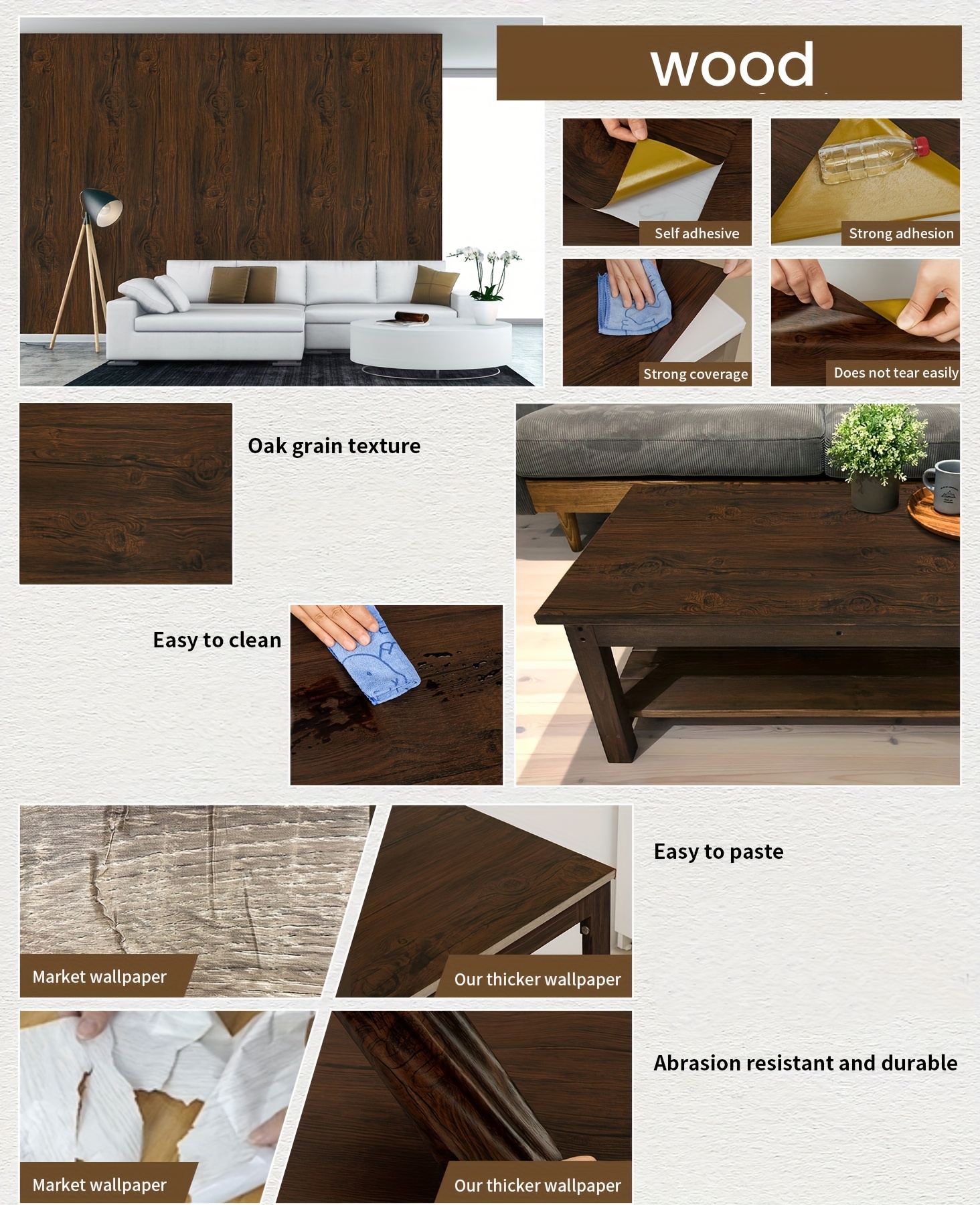 1 롤 다크 브라운 우드 피엘 앤 스틱 벽지 우드 벽지 셀프 접착 벽지 실리콘 우드 텍스처 패턴 디자인 제거 - Temu  Republic of Korea, image size:800x984