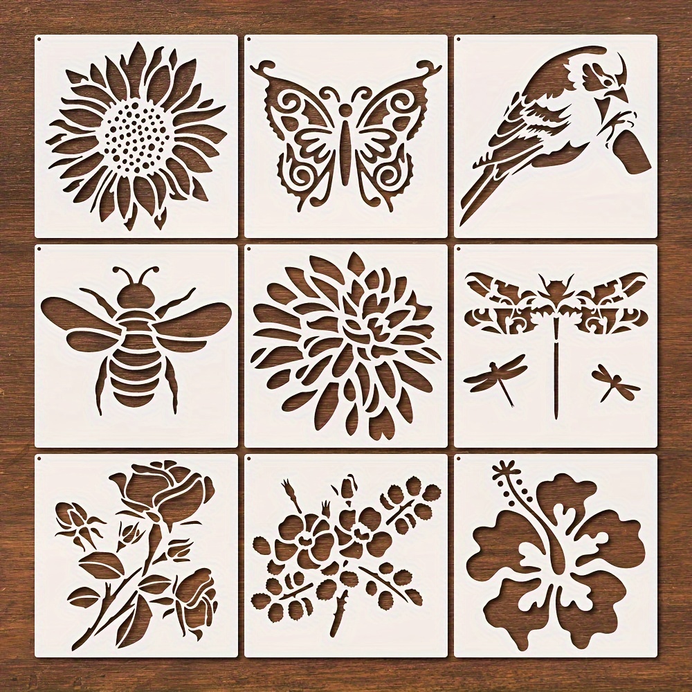 9-piece Nature Stencil Kit - Reusable Sunflower, Butterfly, Bee, Rose ...