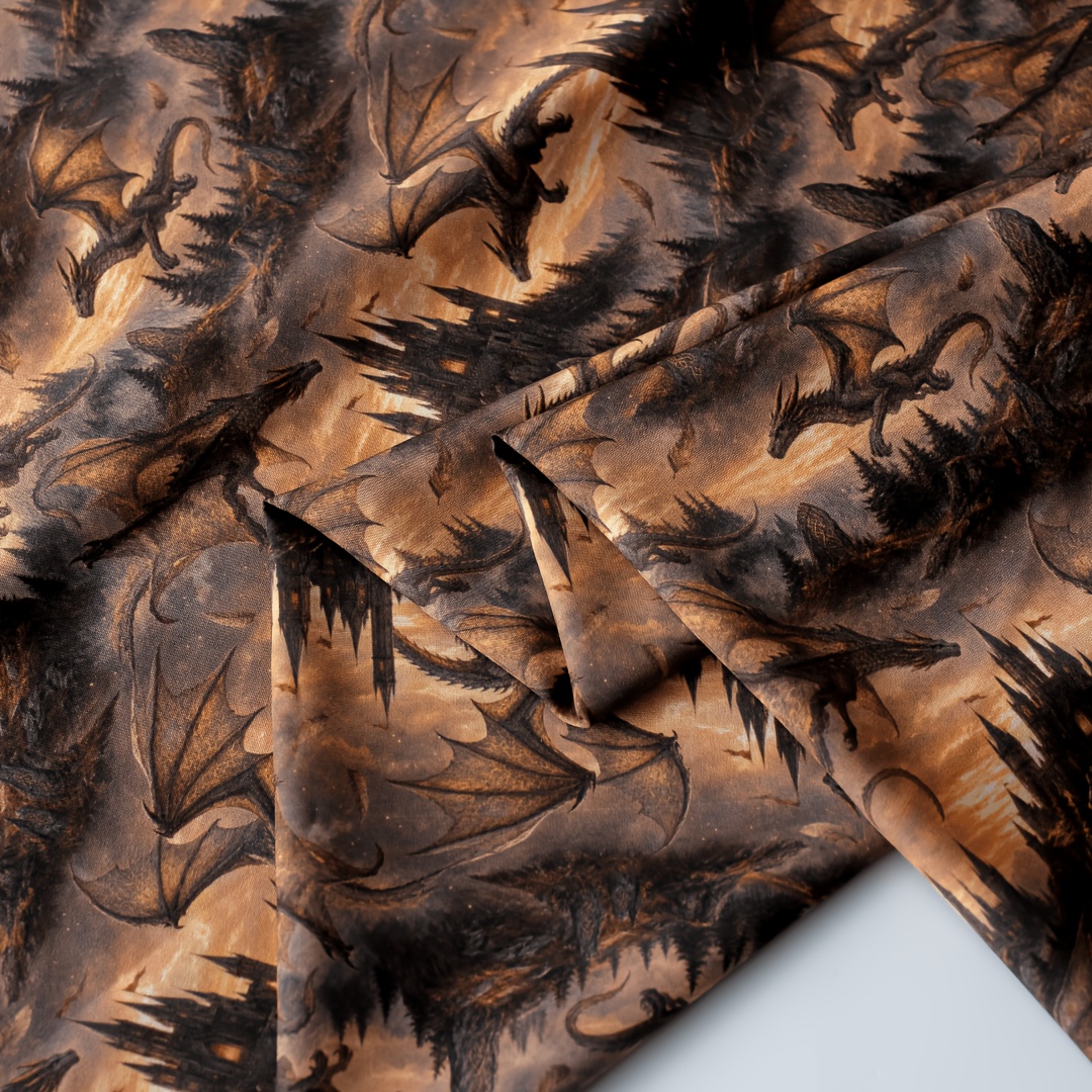 TEMU Vintage Dragon Print Fabric, Medieval Fantasy Dragon & Castle Printed Fabric, Vintage Sunset Mountain Style, Vibrant-colored Fabric With Soft &