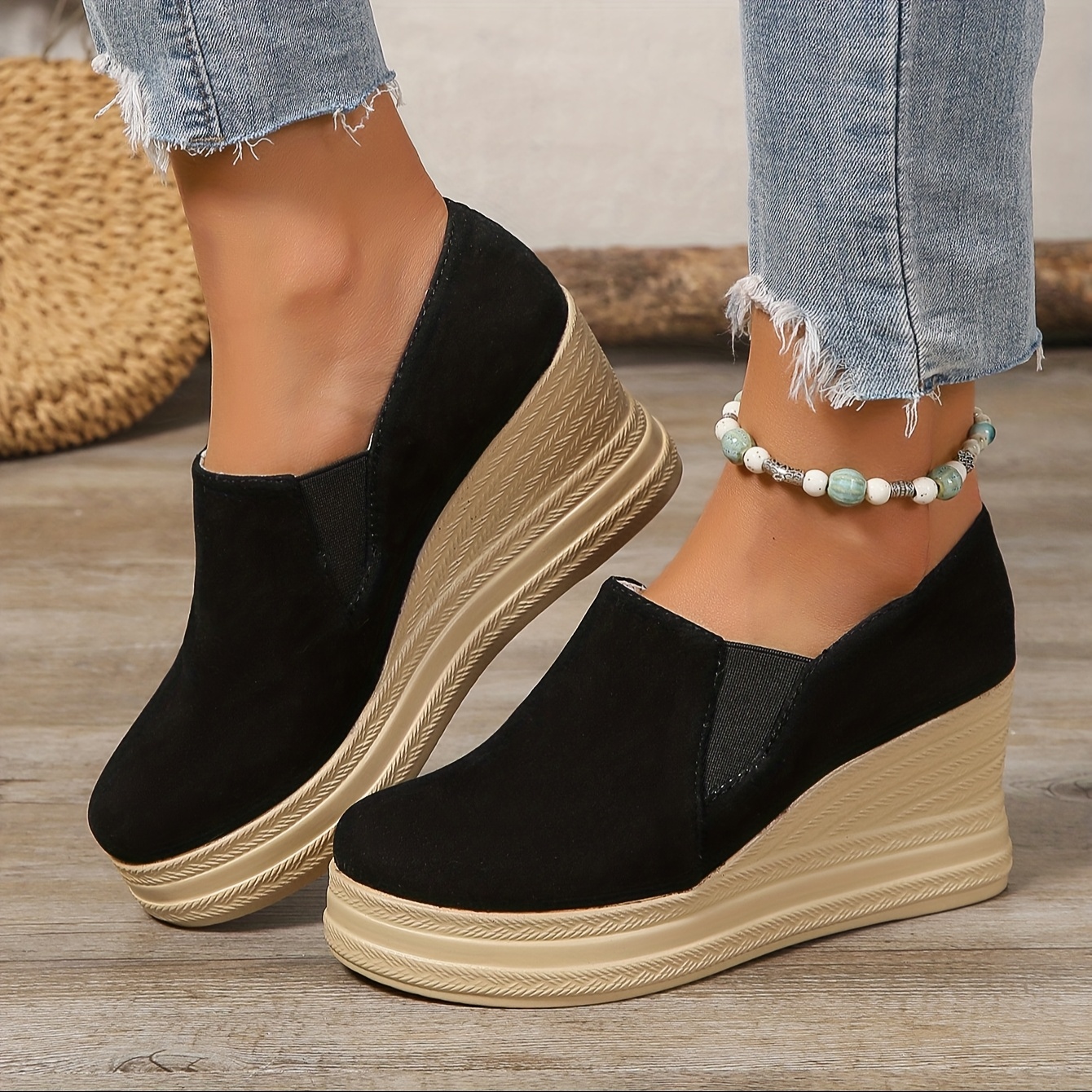 

1 Pair Women' Wedge Sneakers, High Heel Slip-on Shoes With Sole And Fabric Insole, Footwear