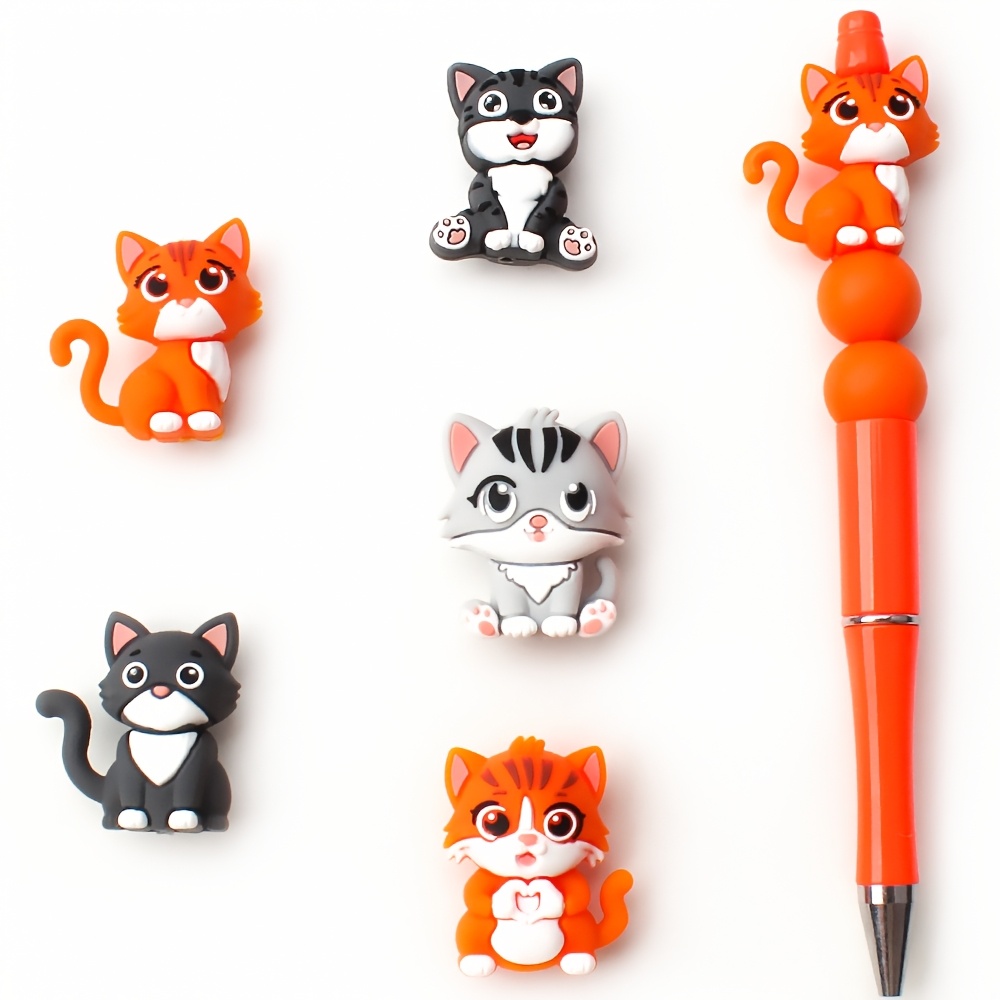 TEMU 5pcs 3d Cat Silicone Bead- Orange, Cow, Grey, Blue, And Long-tailed Cat Designs Beads Suitable For Jewelry Decoration, Bead Additions For