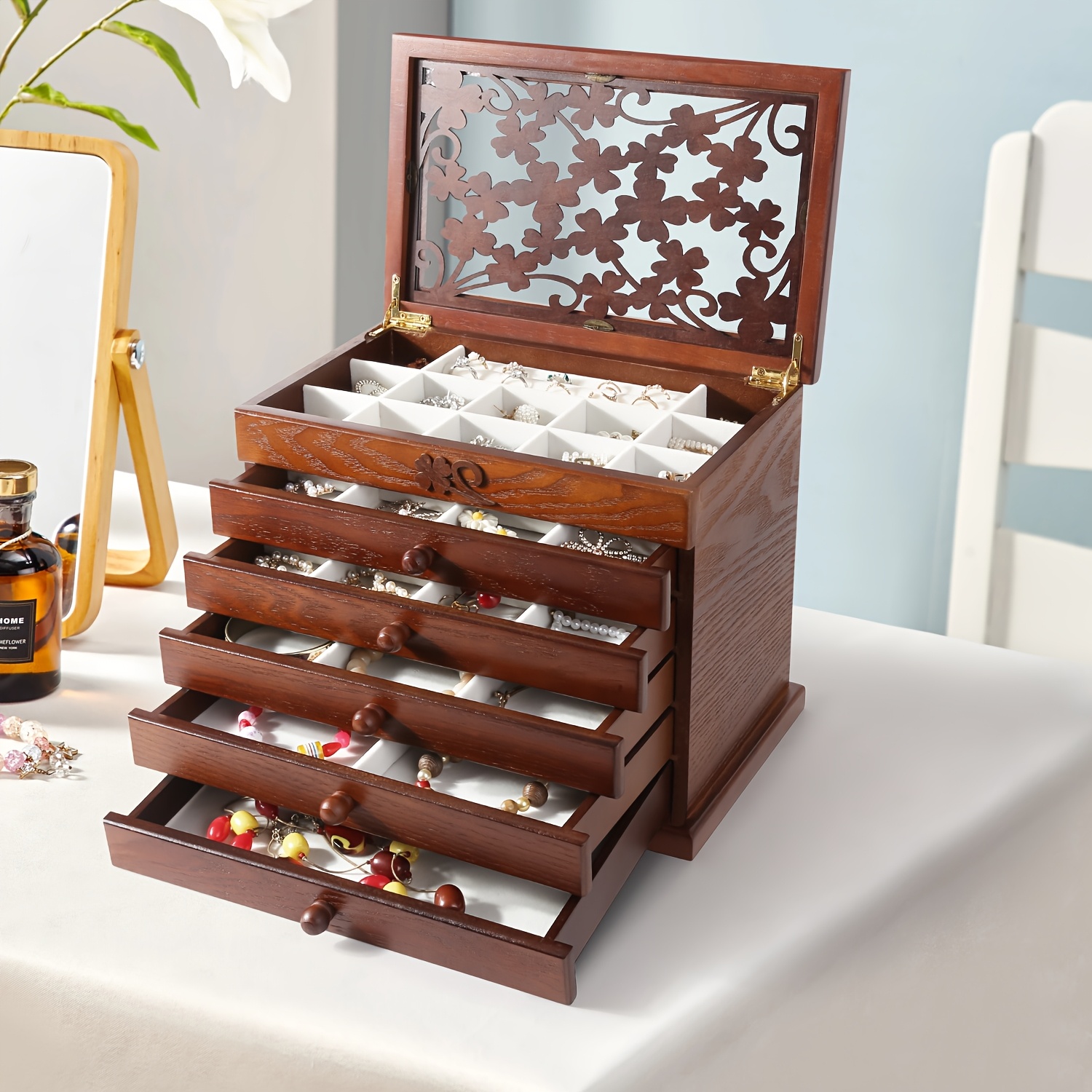 leaf pattern wooden jewelry box for women   jewelry organizer for rings necklaces bracelets ideal for mothers day gifts Product details 5
