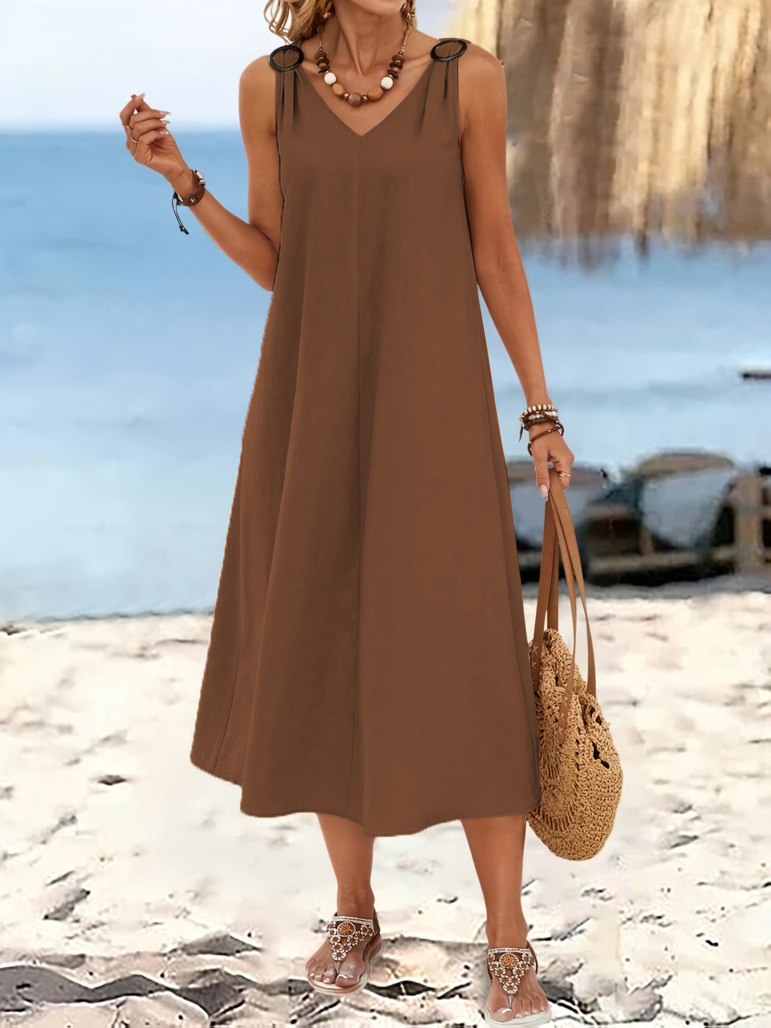 womens elegant beige v neck sleeveless midi dress Temu