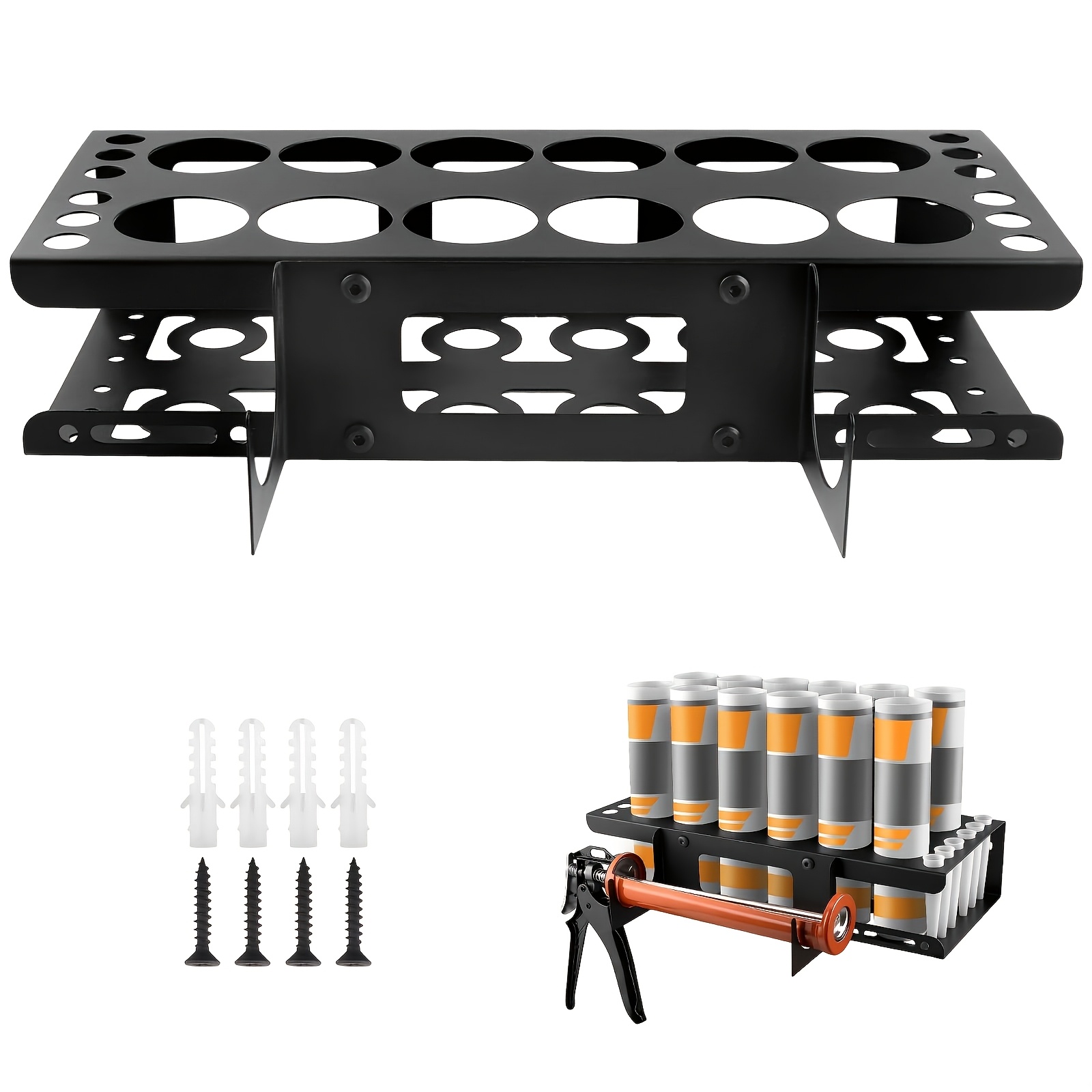 Image of 12 Slots Caulking Gun And Tubes Holder, Wall Mount Caulk Tubes Storage Rack, Metal Caulking Tools Organizer For Garage, Workshop, Work Van, Storage Racks