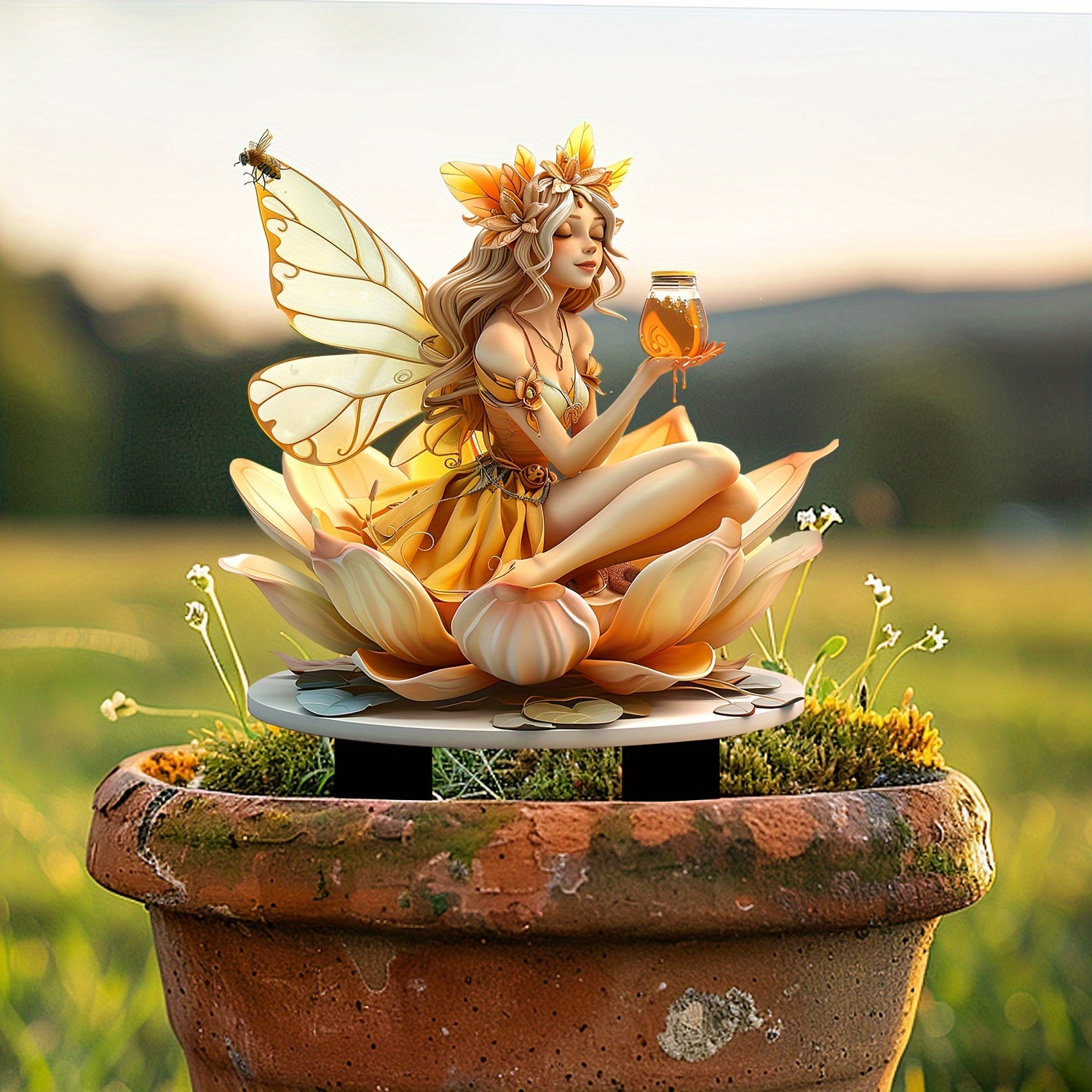 

Boho-chic Flower Fairy With Honey Garden Stake - Acrylic, 11.8"x8.6" - Perfect For Pot Landscaping & Outdoor Decor