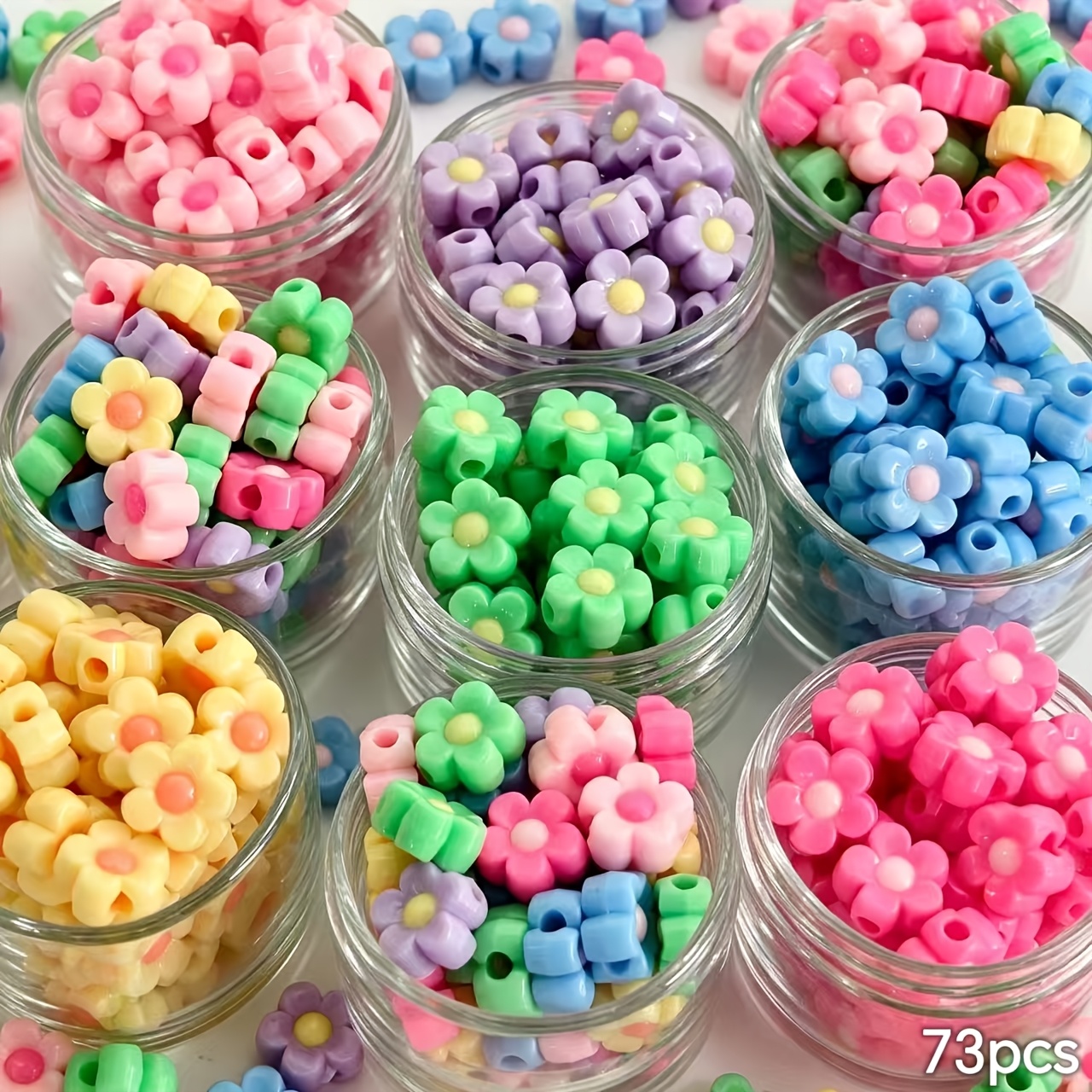 TEMU 73pcs 12mm Acrylic Mixed Color Through Hole Five-petal Flower Beads, Beads Beads Suitable For Necklace, Earring, And Keychain Making - Holiday