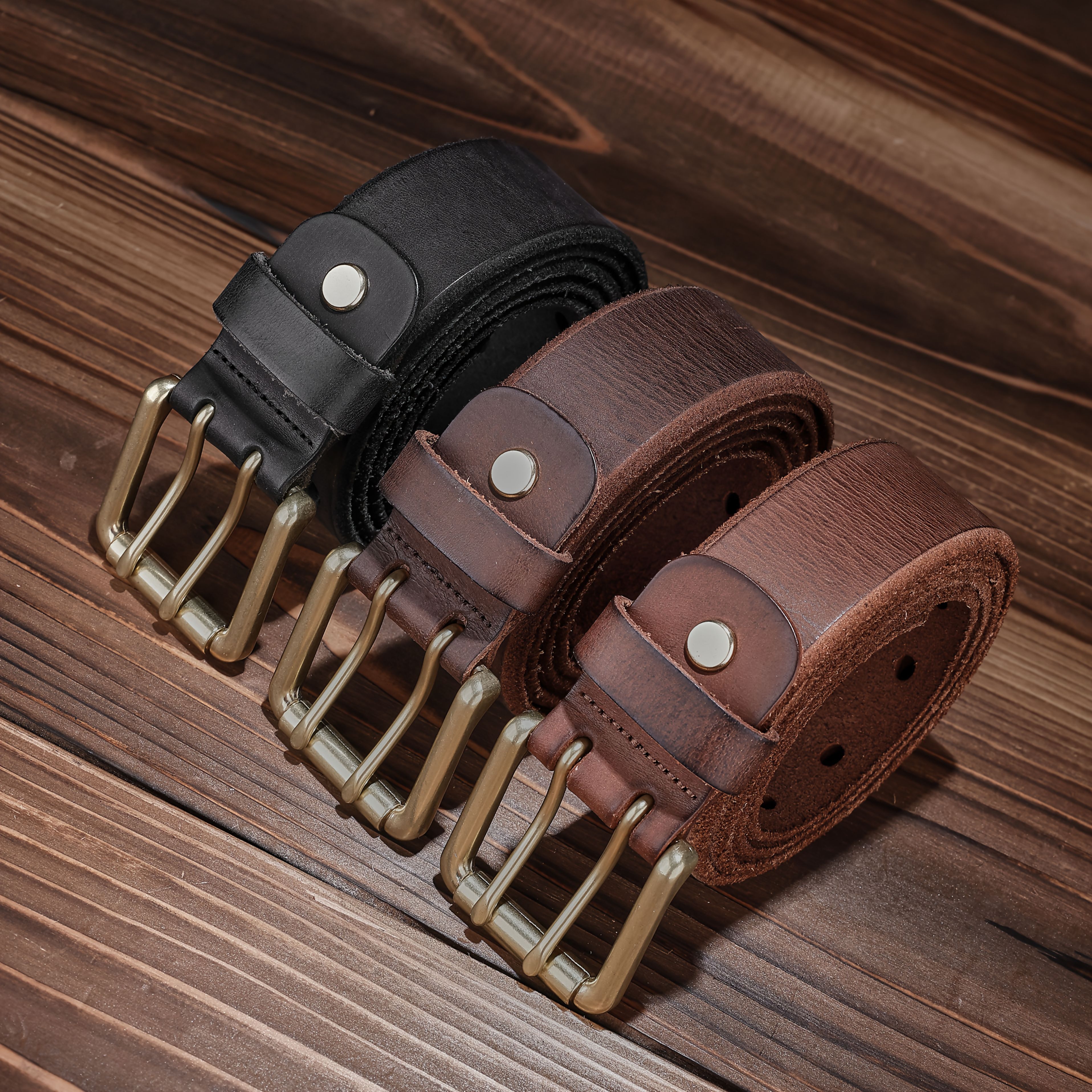 Vintage Distressed Texture Leather Belt with Double-Needle Buckle