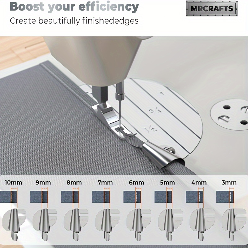 

multi-size Curved" 8-piece Universal Sewing Binder Foot Set, 3-10mm Widths - Curved Edge Presser Feet For Home & Industrial Sewing Machines, Silver