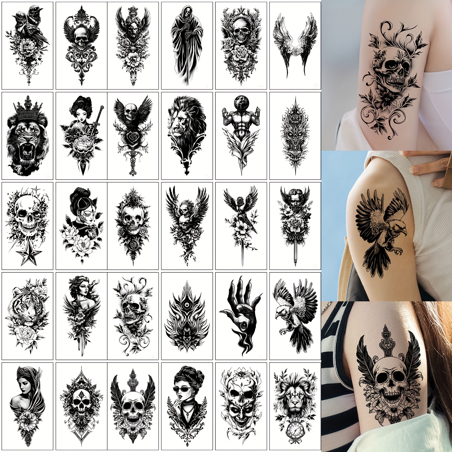 Image of Temporary Tattoo Stickers For Men, Black , Eagle, , Lion, Tiger, Floral, Mixed Design Patterns Fake Tattoo Stickers, Body Arm Art Temporary Tattoos For Party Makeup, Waterproof And Lasting 2-5 Days