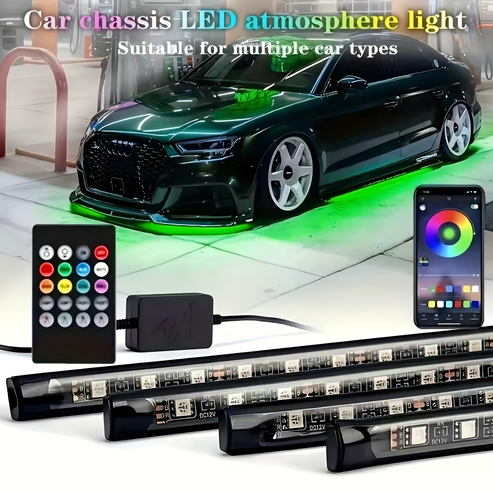 TEMU 4pcs Colorful Automotive Led Chassis Light Strip, Remote App Ambient Neon Light Kit, Dc12v, 16 Million Colors , Cool And At Night, Suitable For Cars, Pickup Trucks, Suvs, Etc., Let Journey, All