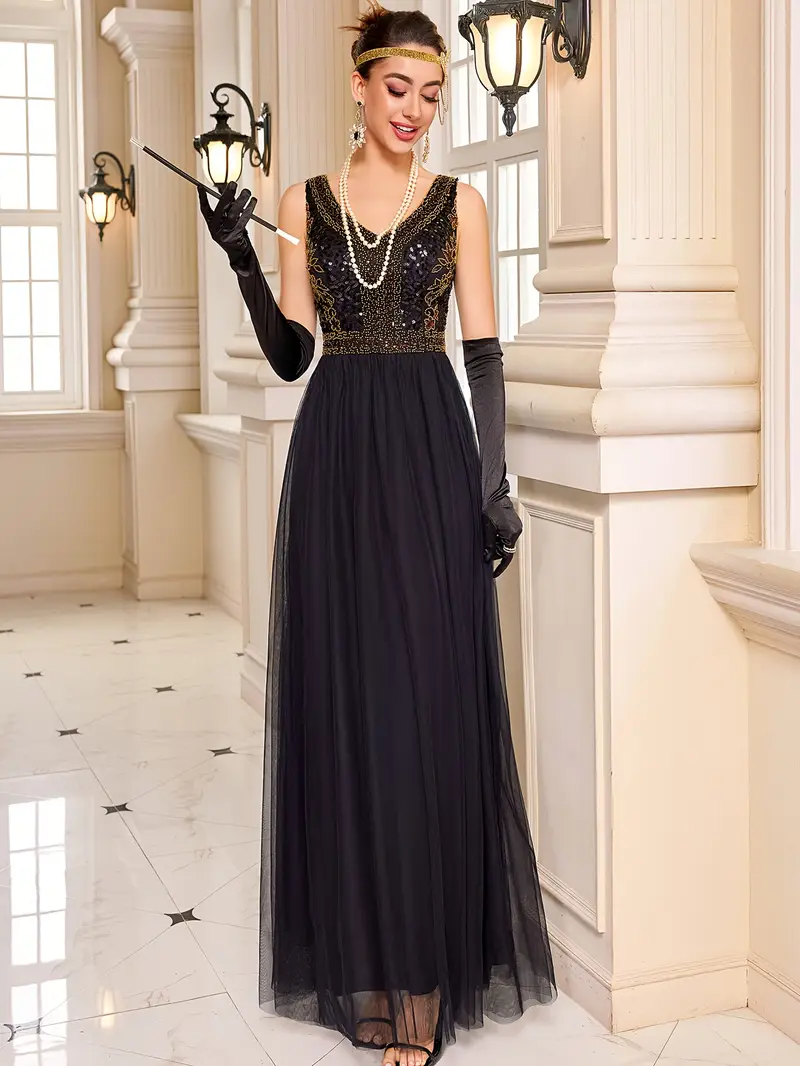 0118 1920s vintage long dress women elegant v neck beaded - Temu 0118 1920s vintage long dress women elegant v neck beaded - Temu