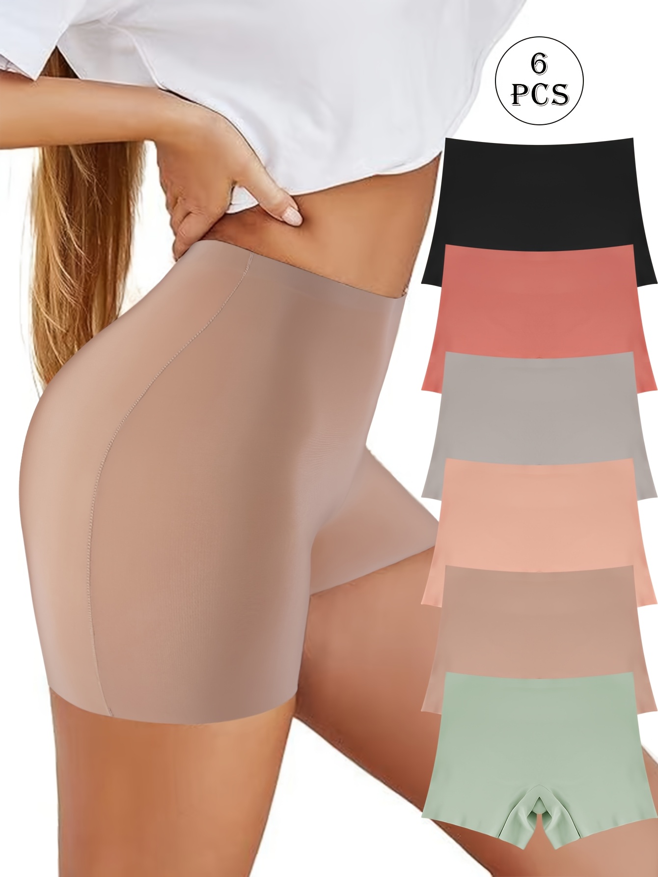 6pcs seamless high waist womens boyshort panties stretchy long solid color   for casual attire
