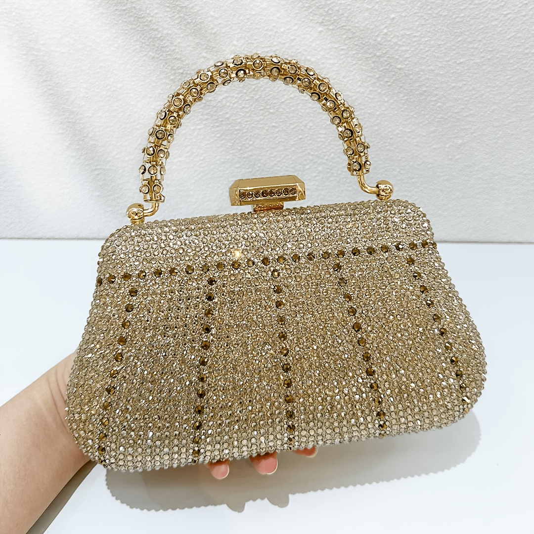 TEMU Ladies' Luxurious Golden Rhinestone Dinner Clutch, High Full Diamond Handbag, Suitable For Wedding Parties, Graduation Dances, High-end Events,