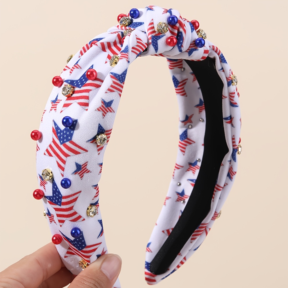 TEMU 1pc Of A Headband Designed For Women, Featuring A Patriotic Usa Flag With Star Beads And Rhinestones, Perfect For Day Celebrations And Memorial