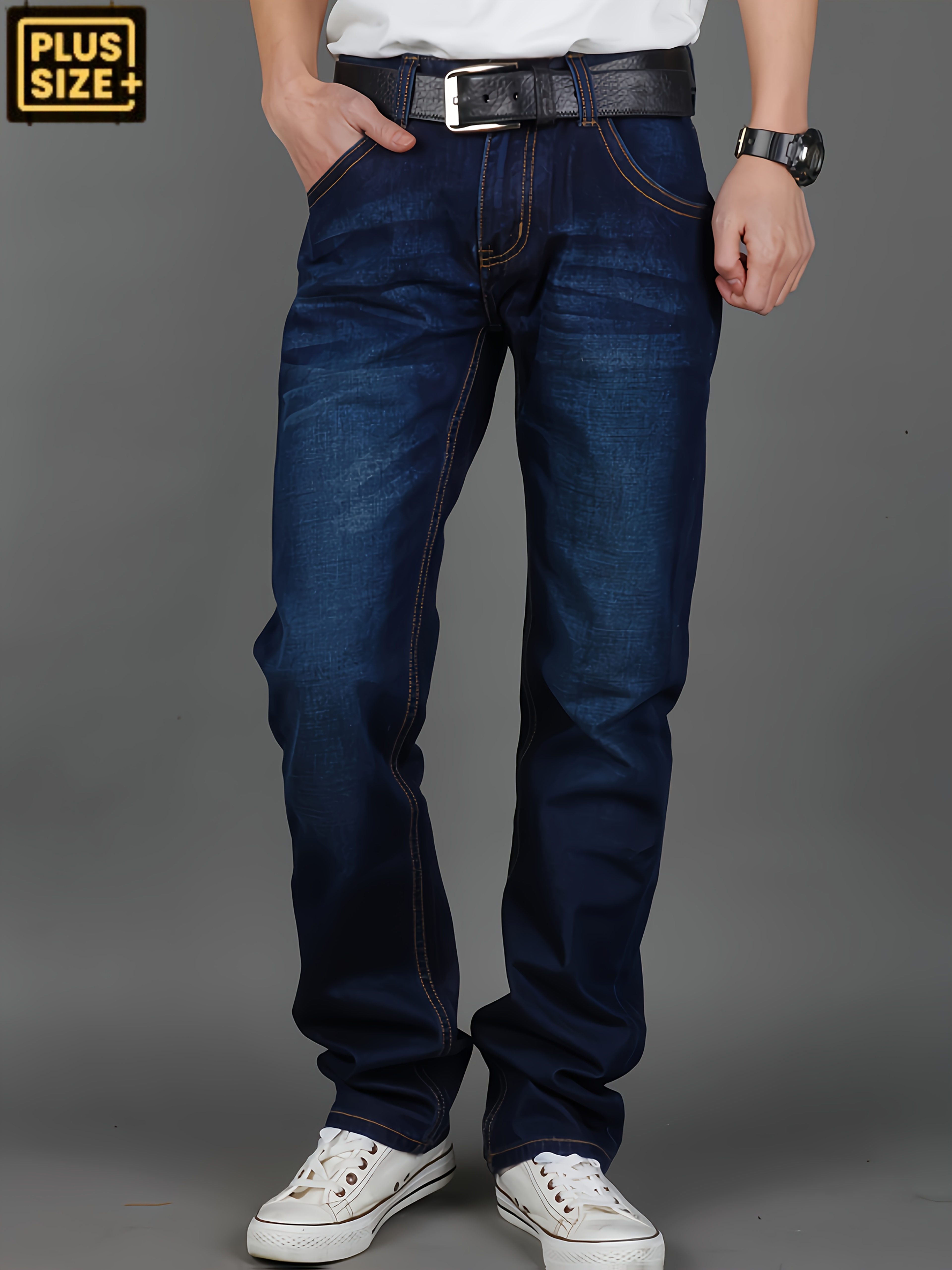 Plus-Size Men'S Denim Pants, Comfortable Stretchy Long Trousers, Loose Straight Casual Pants, Suitable for All Seasons, with Back Pockets And Flaps, Plus Size