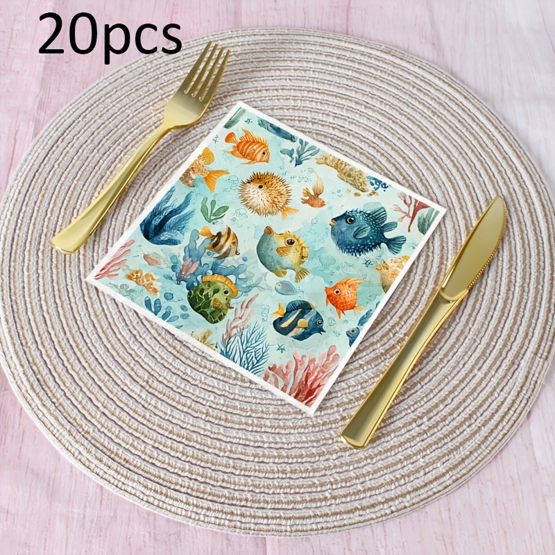 TEMU 20pcs Paper Towels For Kitchen And Bathroom, Featuring Fish, Ocean, And Coral Designs, Suitable For Holiday Dining Additions, Seasonal Table