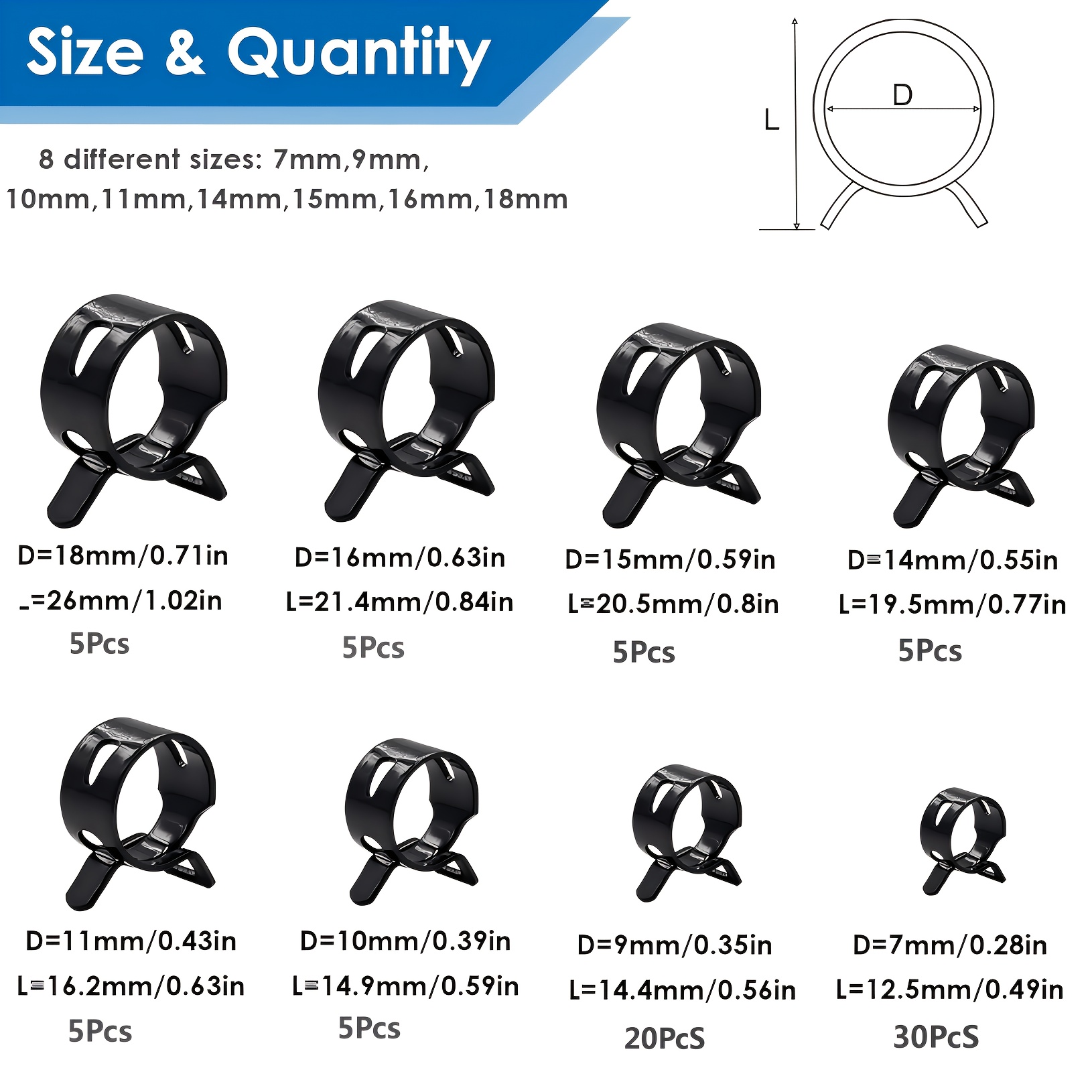 Image of 80pcs Spring Hose Clamp Set, 7/9/10/11/14/15/16/18mm Hose Clips Assortment, Heavy Duty Pipe Fasteners For Fuel, Air, Water Hoses