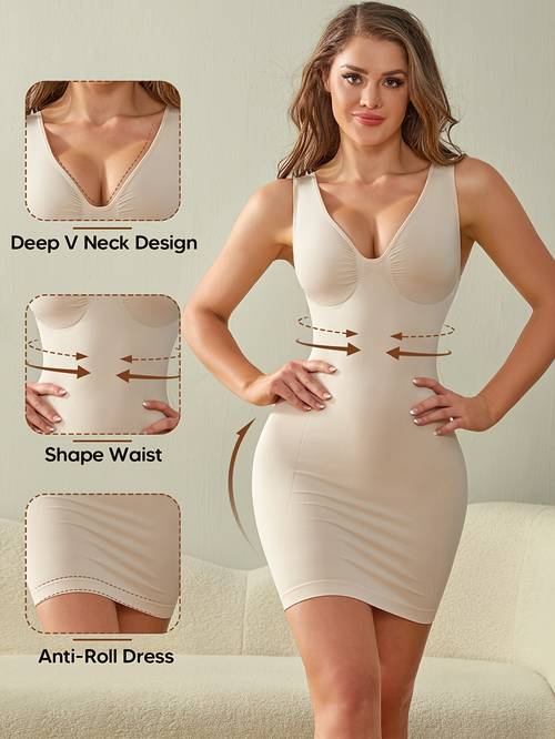 item picture womens deep v neck shaping slip fashion dress womens solid v neck spaghetti strap body con cami dress womens skinny dress tummy control lifting slip dresses womens clothing womens shapewear