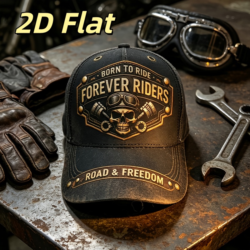 TEMU Retro Washed Style Rider Skull Baseball Cap, 2d Flat Printing "" Motorcycle Cap, Distressed Motorcycle Style Dad Hat, Adjustable Road And Sun