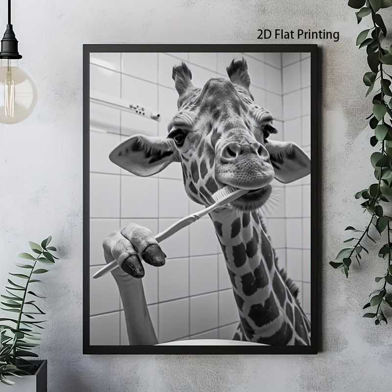 TEMU 2d Flat, 1pc Giraffe Wall Art Poster - Frameless Canvas Painting Suitable For Home,, Room Decor, Retro Giraffe Brushing Teeth Mural, Bathroom &