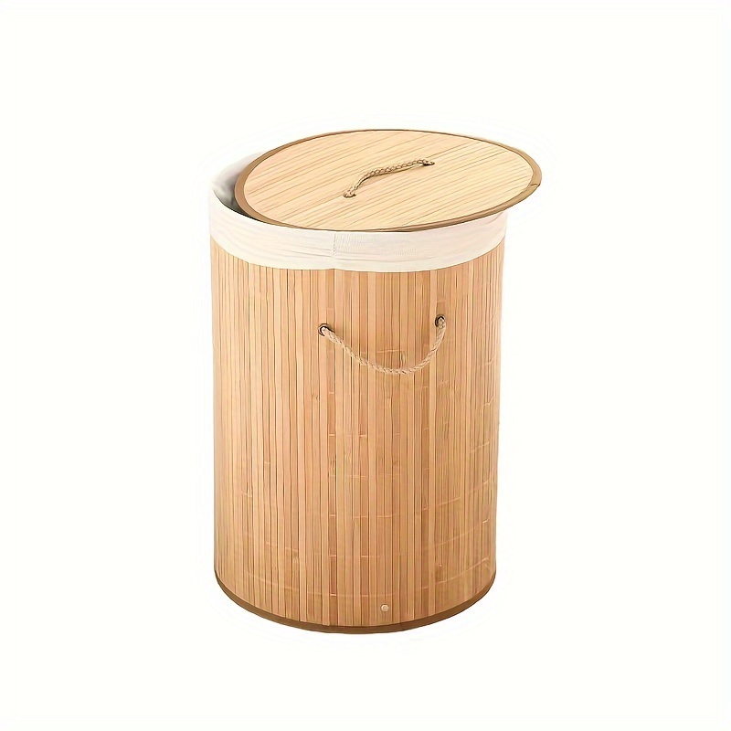 1pc Foldable Bamboo Laundry Basket, Large Round Storage Basket With Lid & Handle, Multifunctional Clothes Hamper, Bathroom Trash Bin For Clothes Bedding Sundries Storage, Laundry Baskets